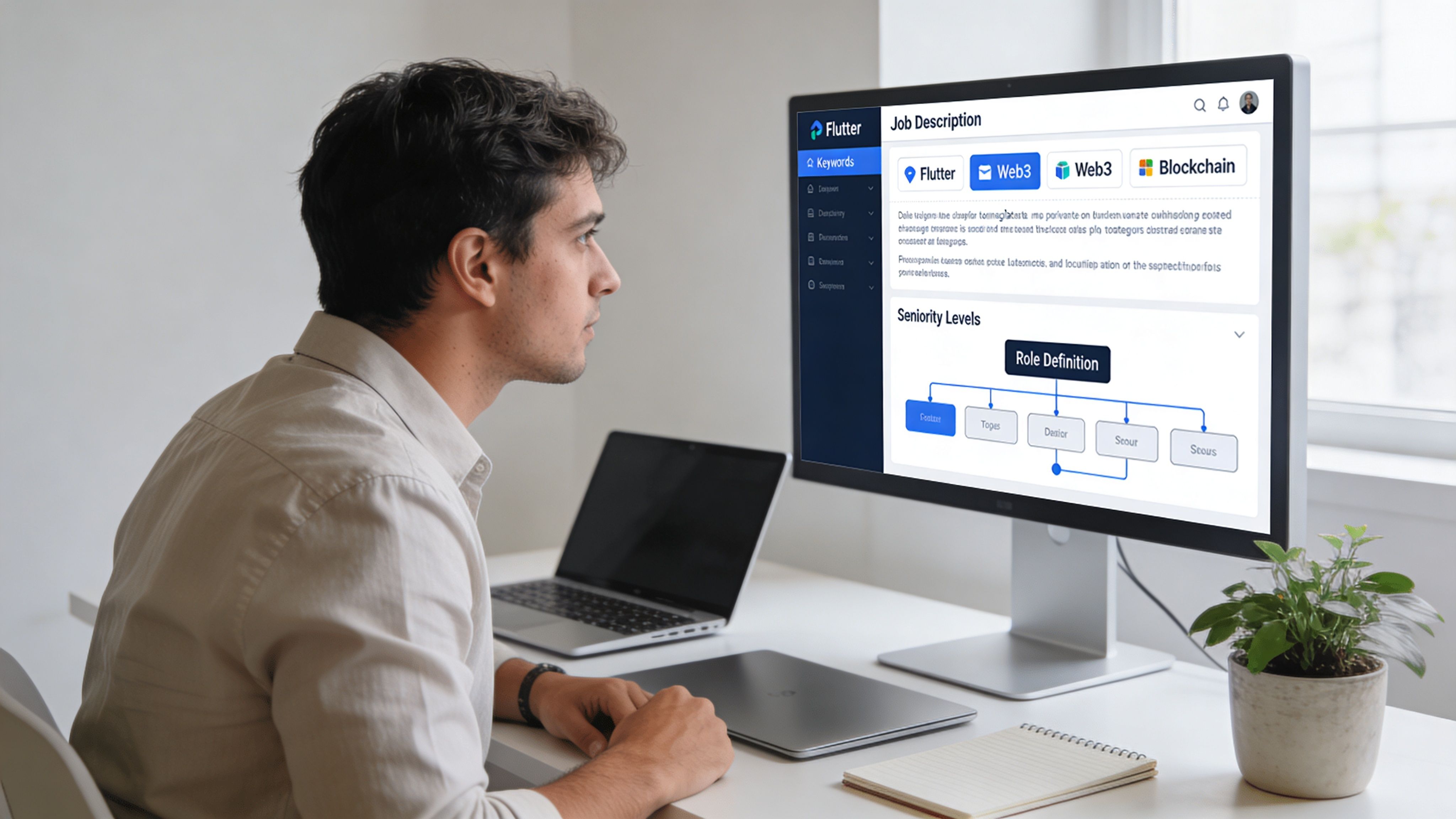 A man looks at a job description for a Flutter developer on a computer monitor.