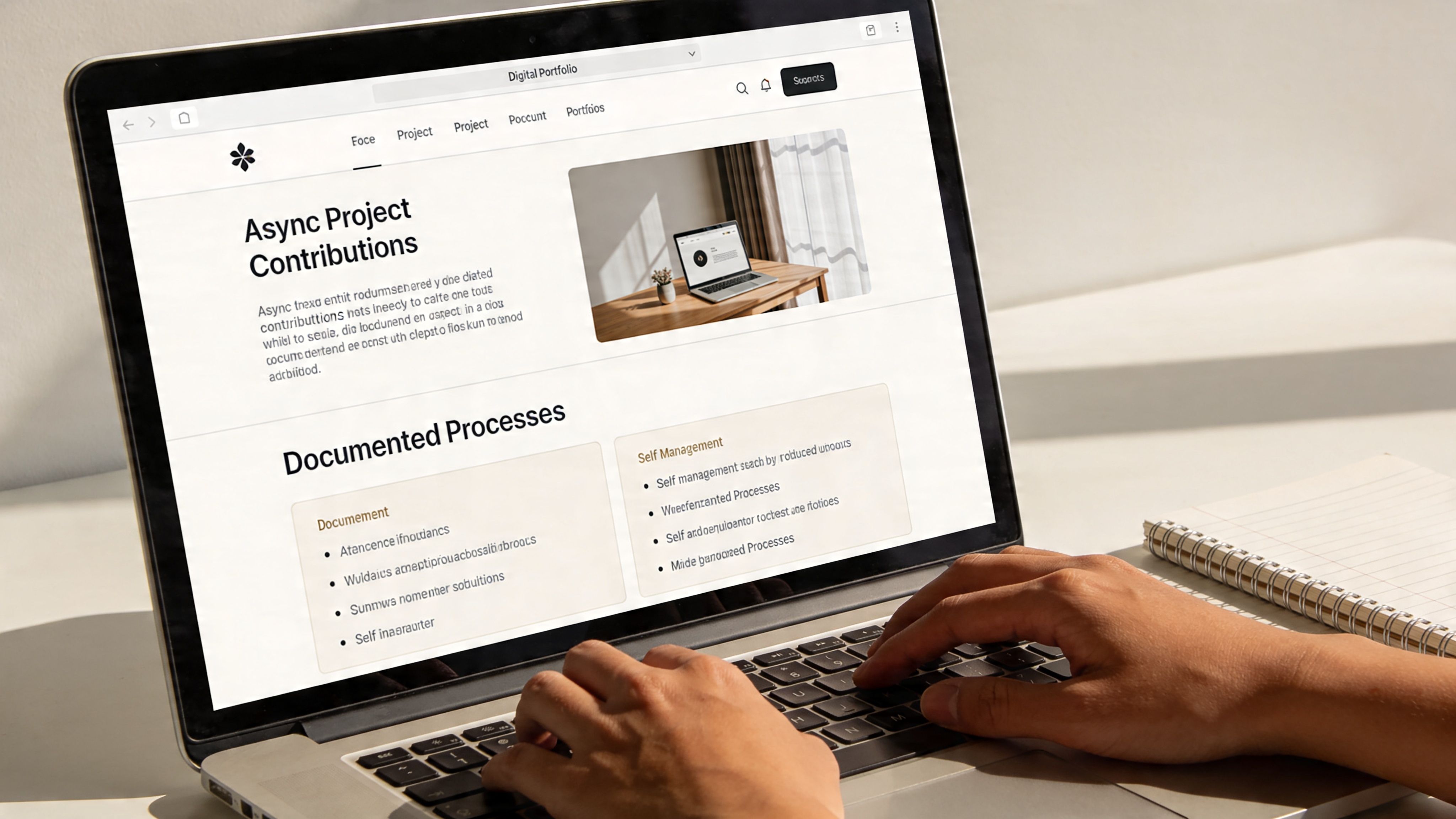 A person using a laptop to view a digital portfolio website featuring remote work and documentation processes.