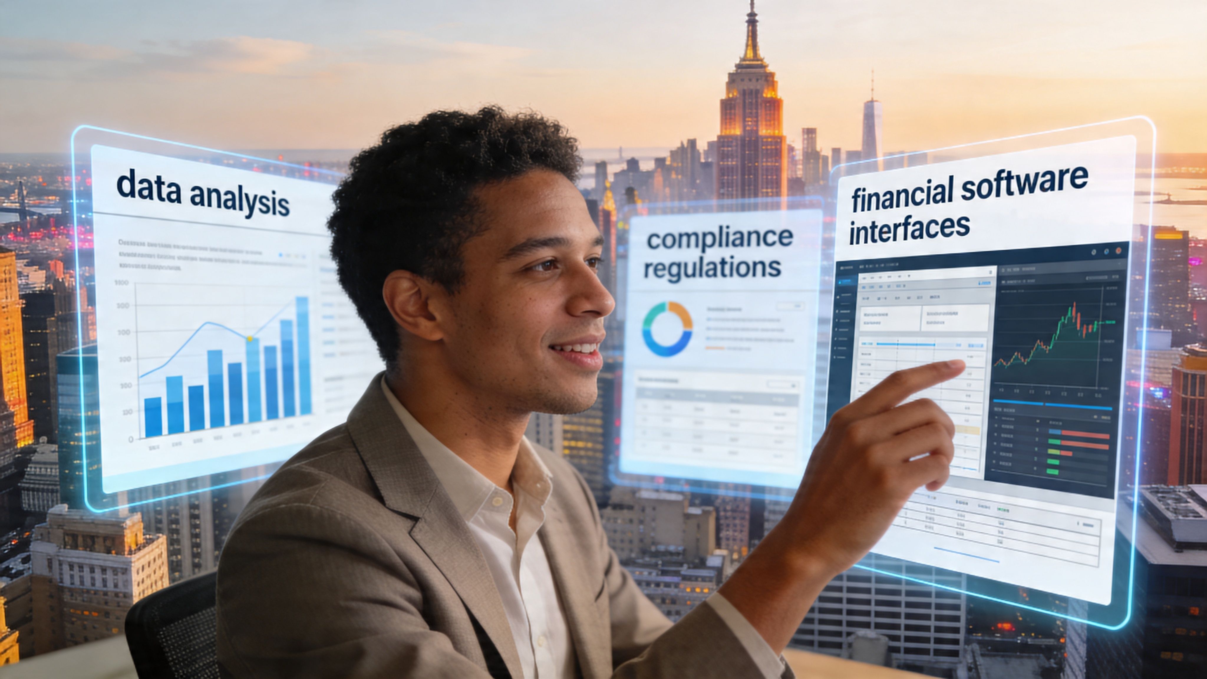 A professional man interacting with holographic digital displays showing financial software, data analysis, and regulatory compliance charts.
