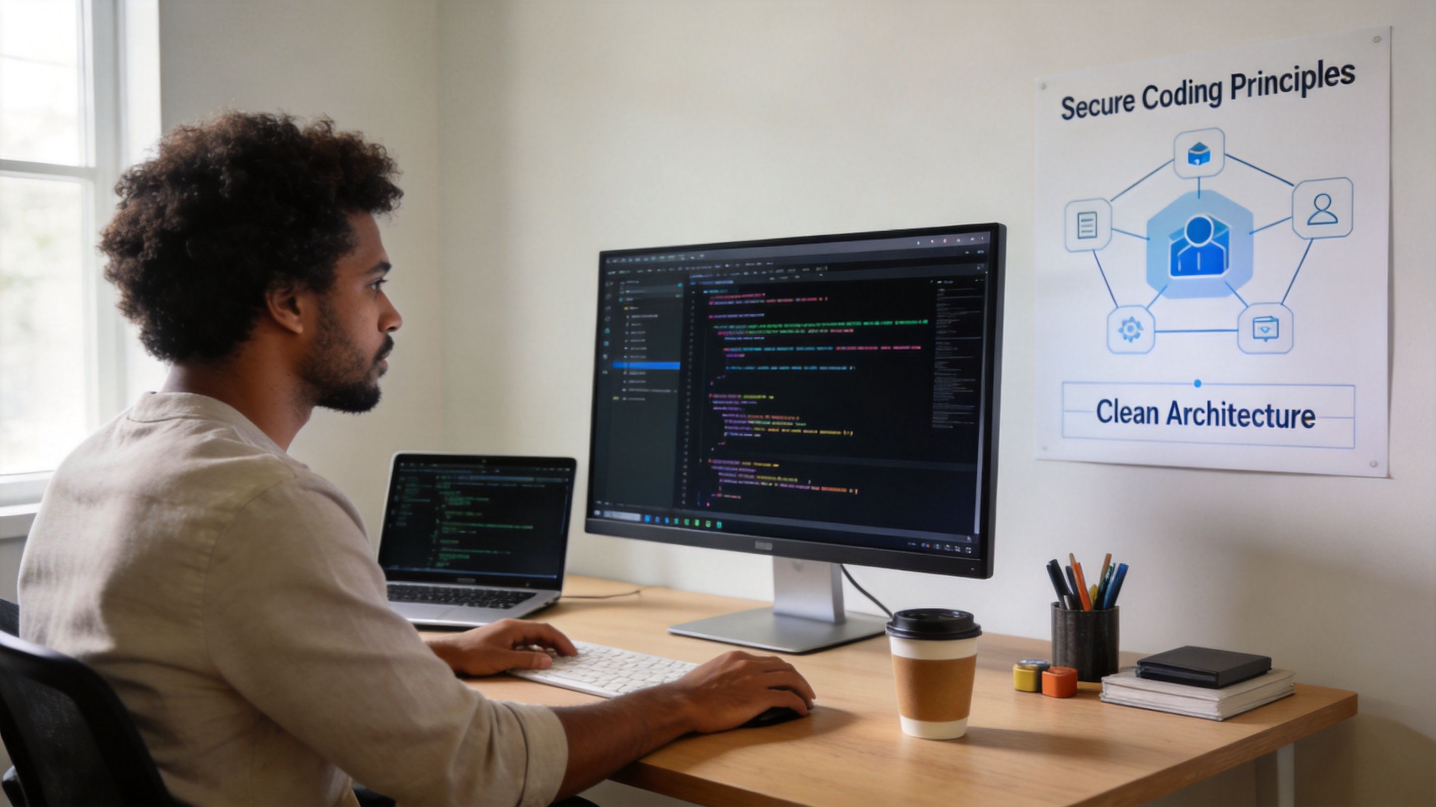 A professional software developer working on code for a web3 application on his desktop computer setup.