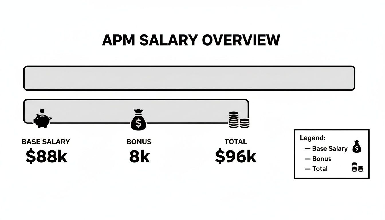 An APM salary overview showing base salary ($88k), bonus ($8k), and total compensation ($96k).