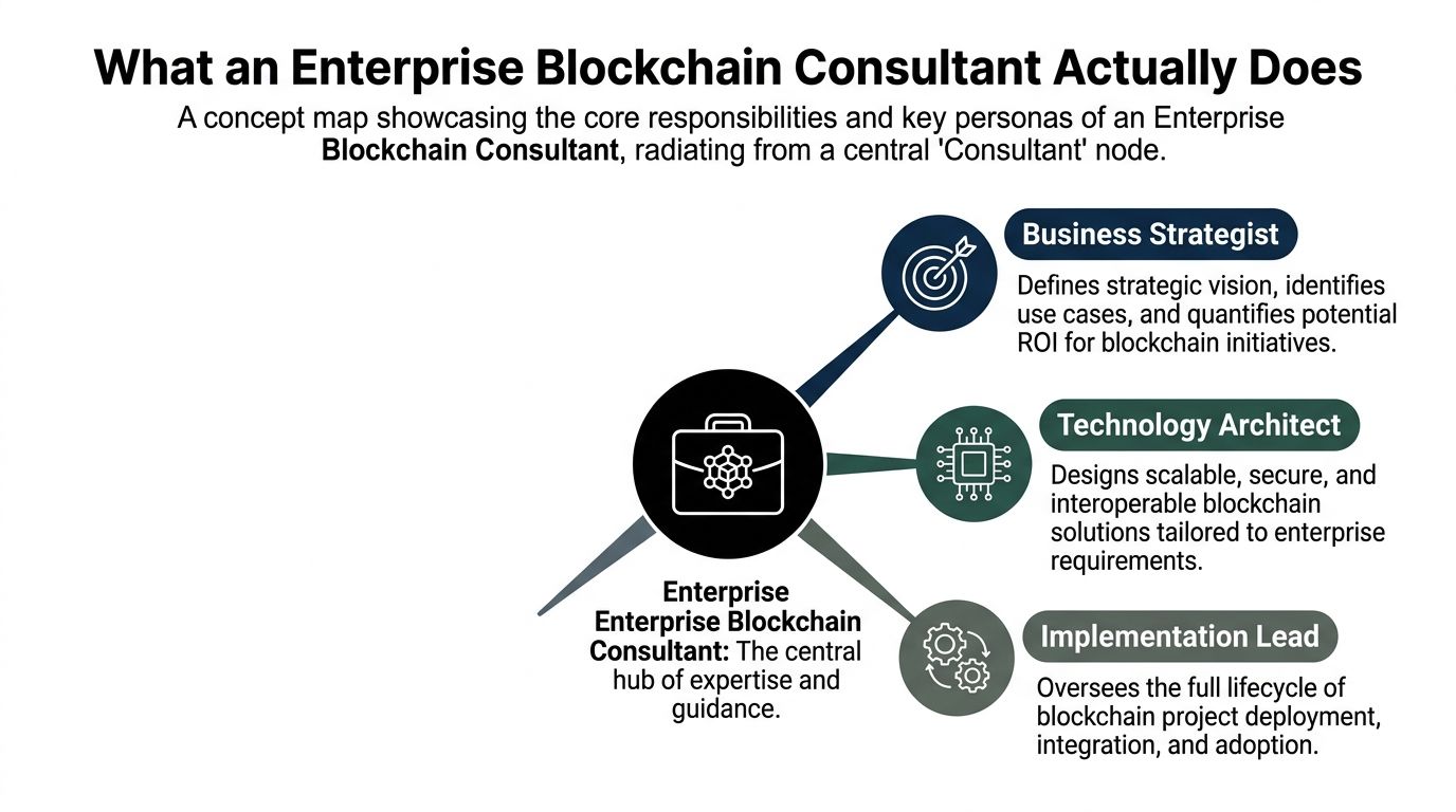 A diagram illustrating the core roles and responsibilities of an enterprise blockchain consultant in business settings.