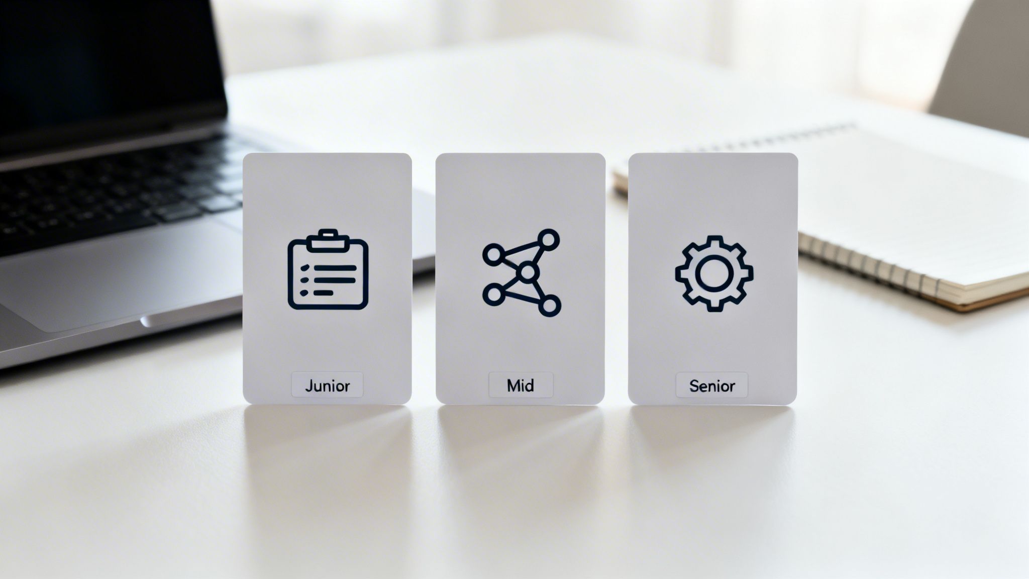 Three white cards representing Junior, Mid, and Senior skill levels with corresponding icons.