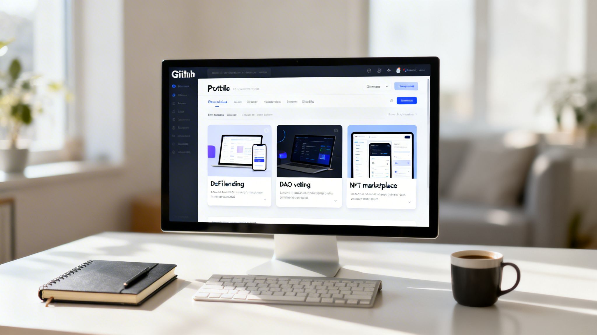 A monitor displays web3 development projects on a platform, with a keyboard and coffee on a desk.
