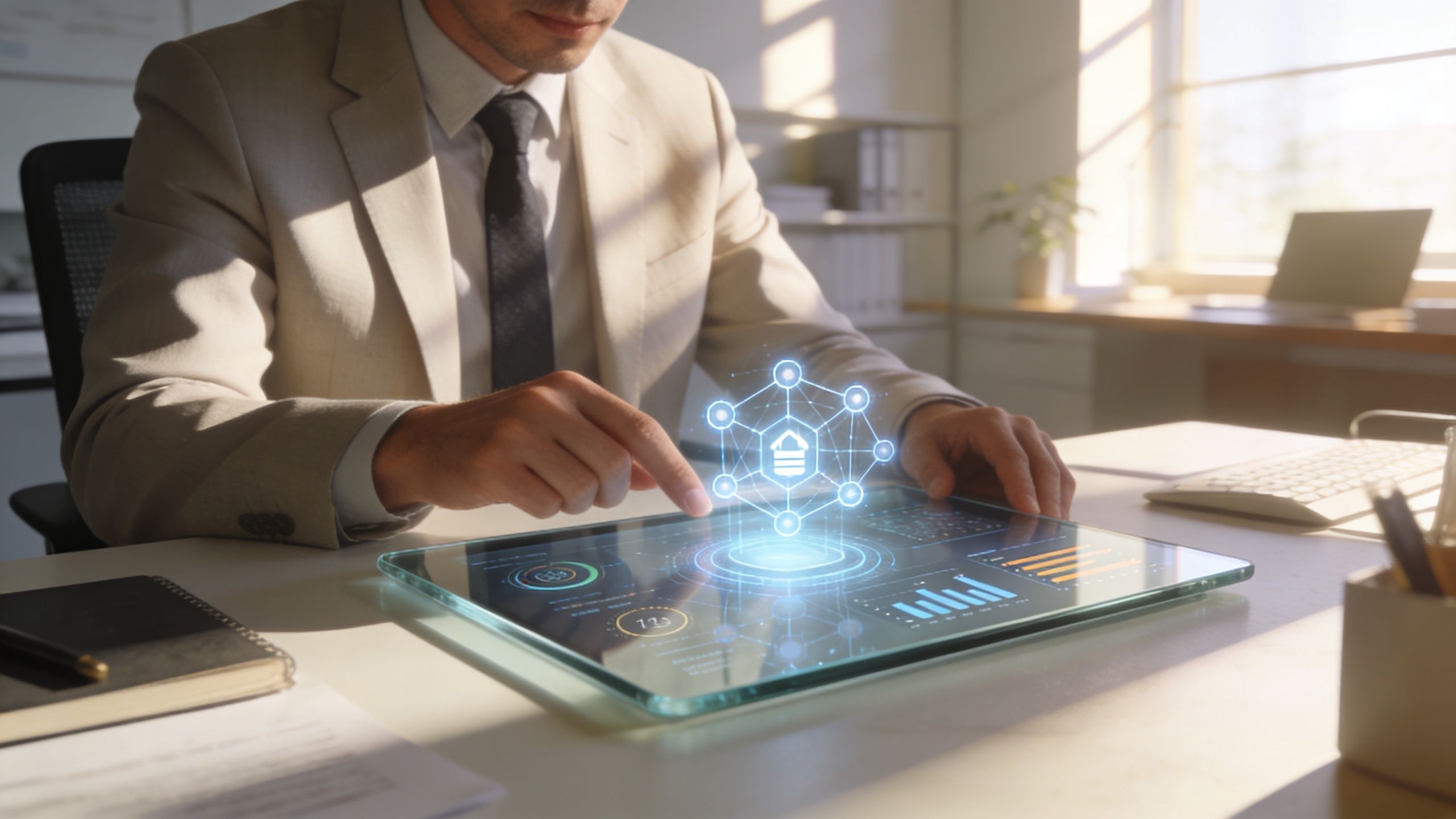 A professional manager in a beige suit interacts with a digital holographic data interface on a tablet.