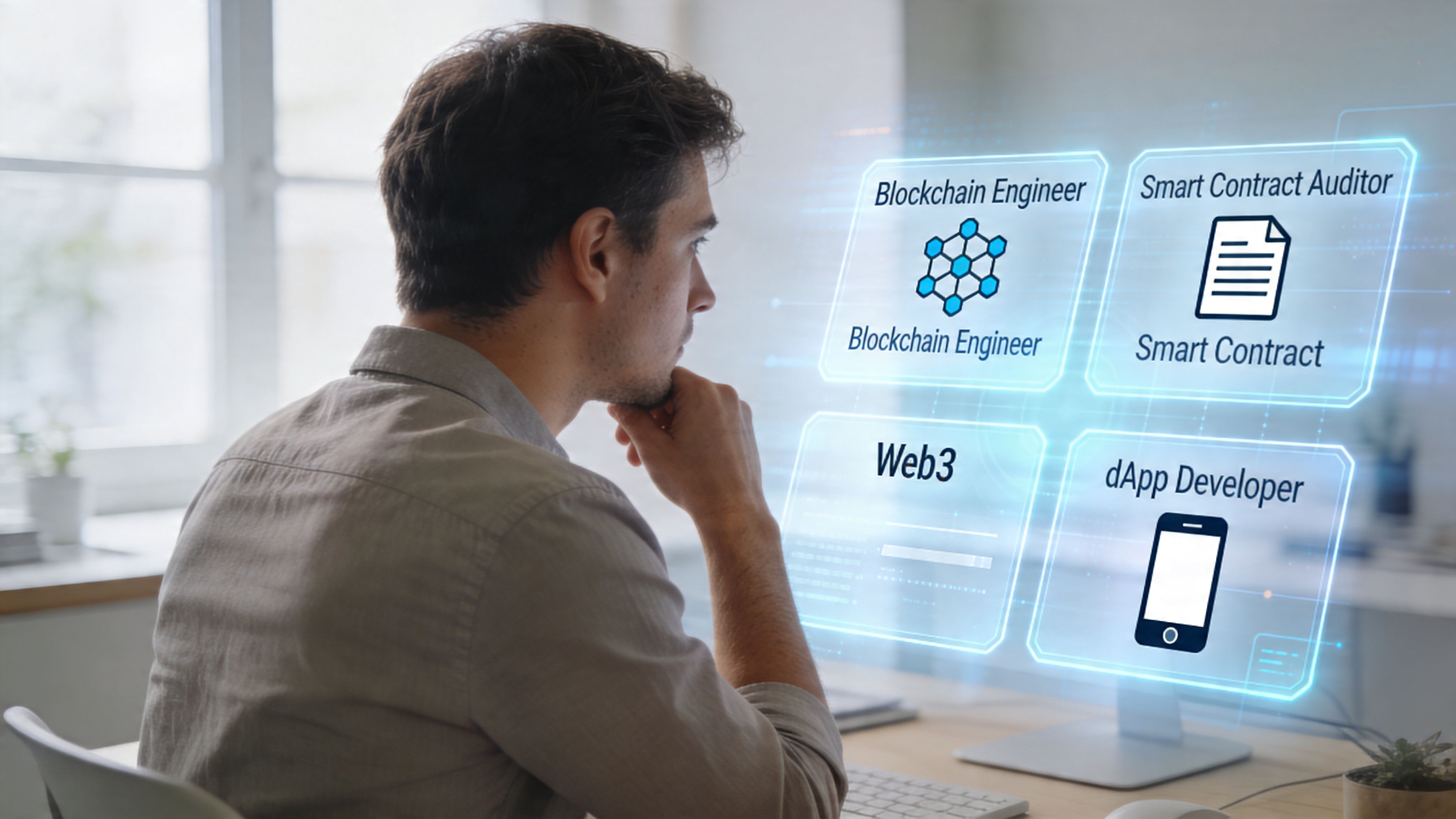 A focused professional looking at a holographic screen displaying various career paths in the blockchain and web3 industry.