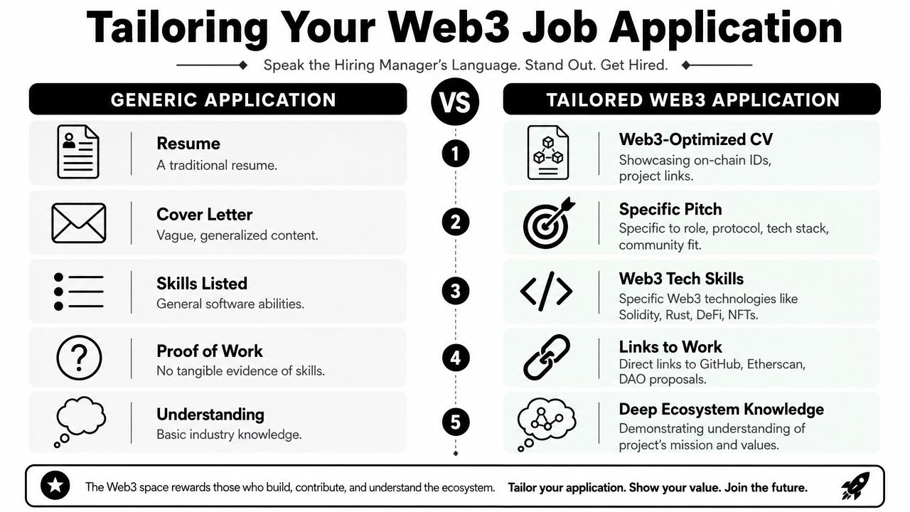 A comparison chart showing how to tailor a generic job application for the Web3 industry and hiring managers.
