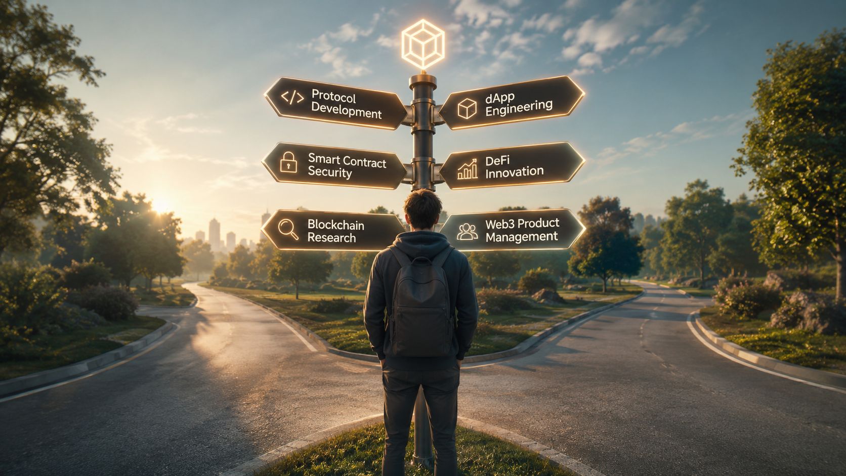 A person standing at a crossroads with a signpost displaying various blockchain and Web3 career paths.