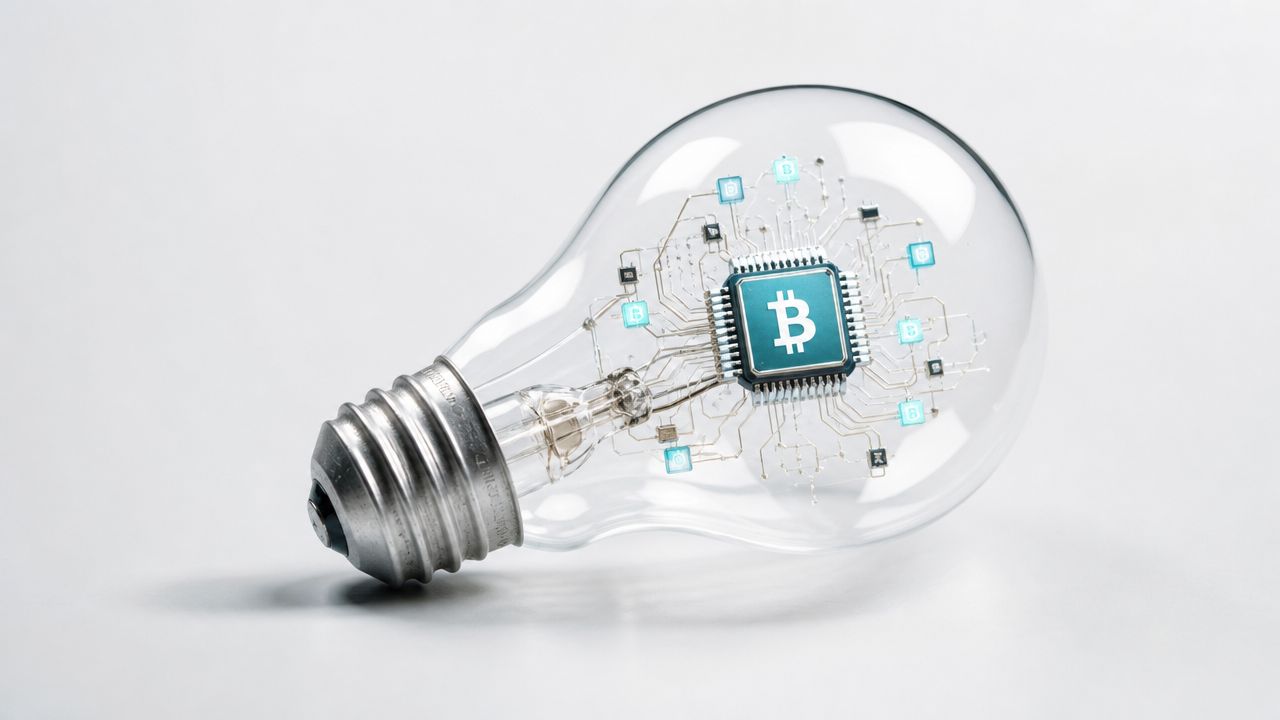 A light bulb containing a central microchip with a Bitcoin symbol surrounded by connected circuit board traces.