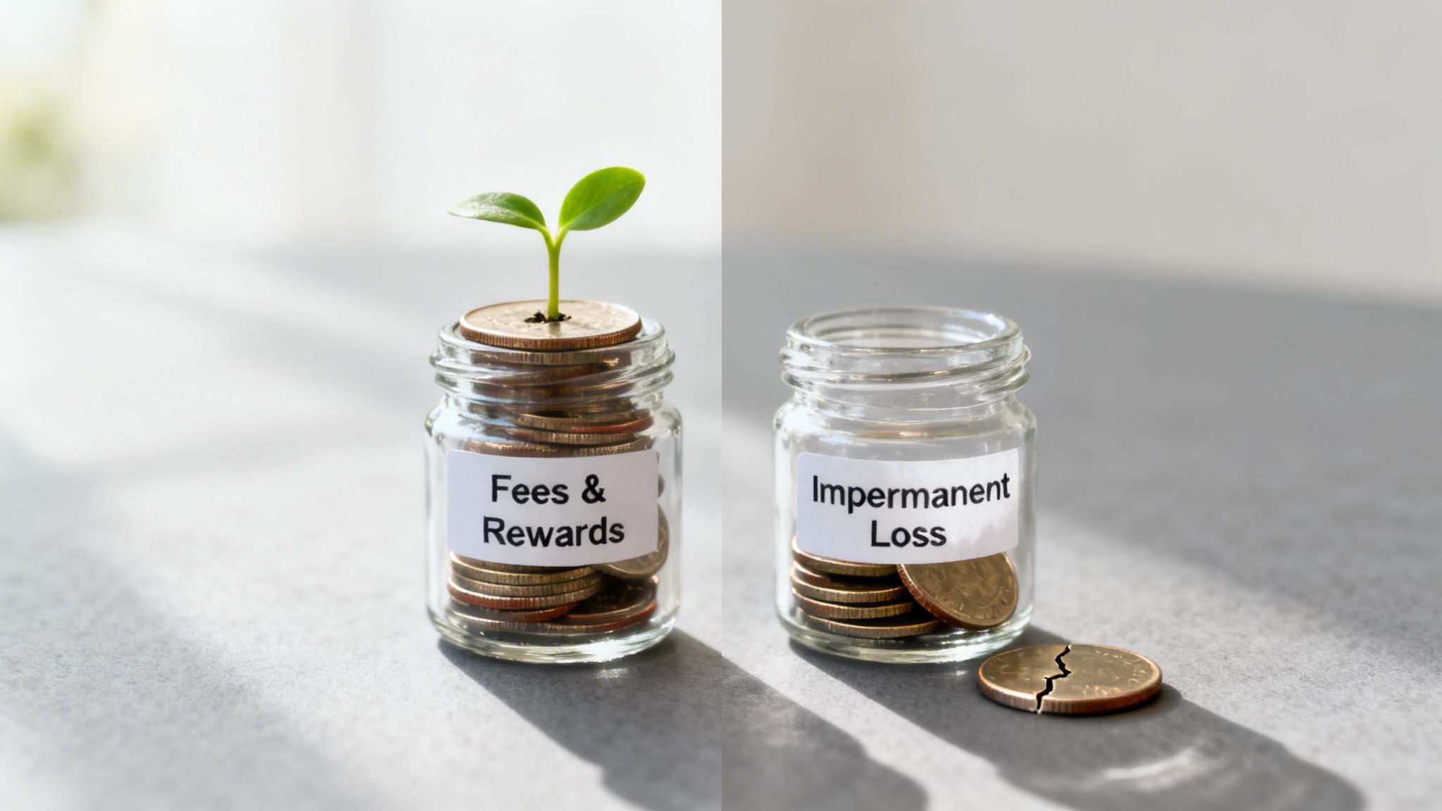 Two jars illustrating financial concepts: Fees & Rewards with a plant, Impermanent Loss with a broken coin.