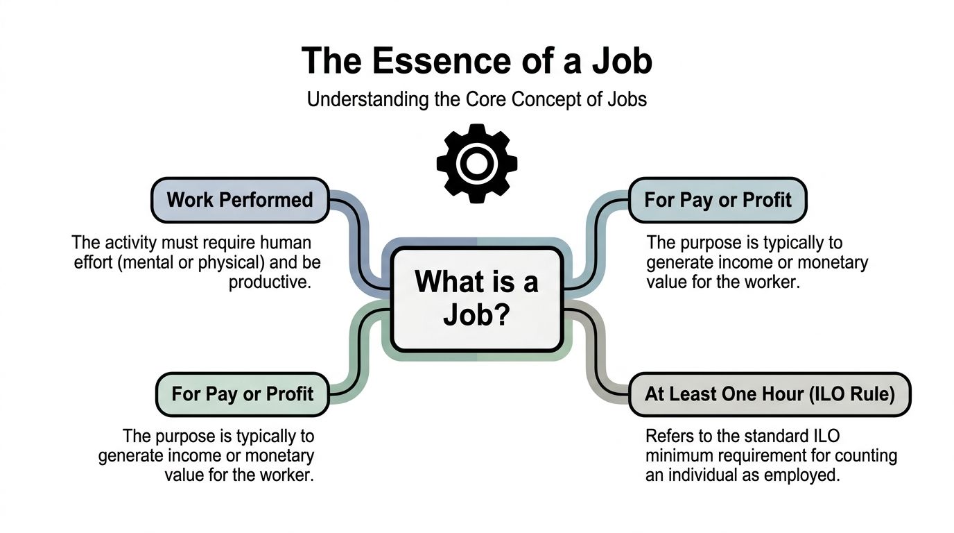 A mind map infographic explaining the core characteristics that define a job, including effort and payment criteria.
