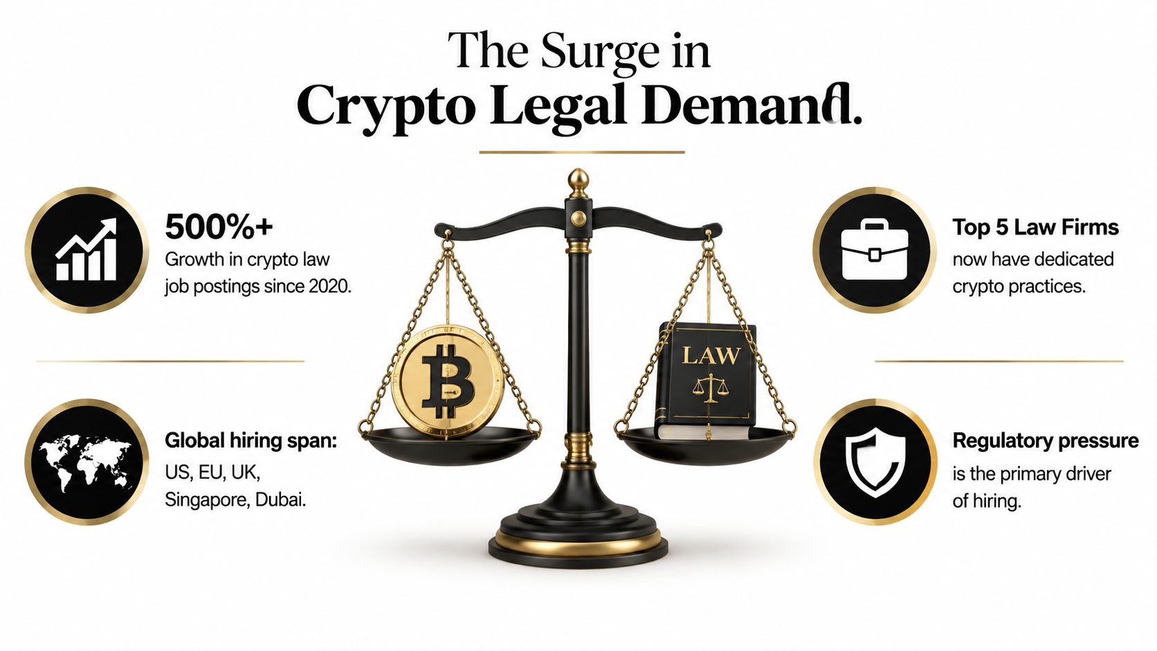 A visual infographic showing a scale balancing a Bitcoin coin and a law book representing crypto legal jobs.