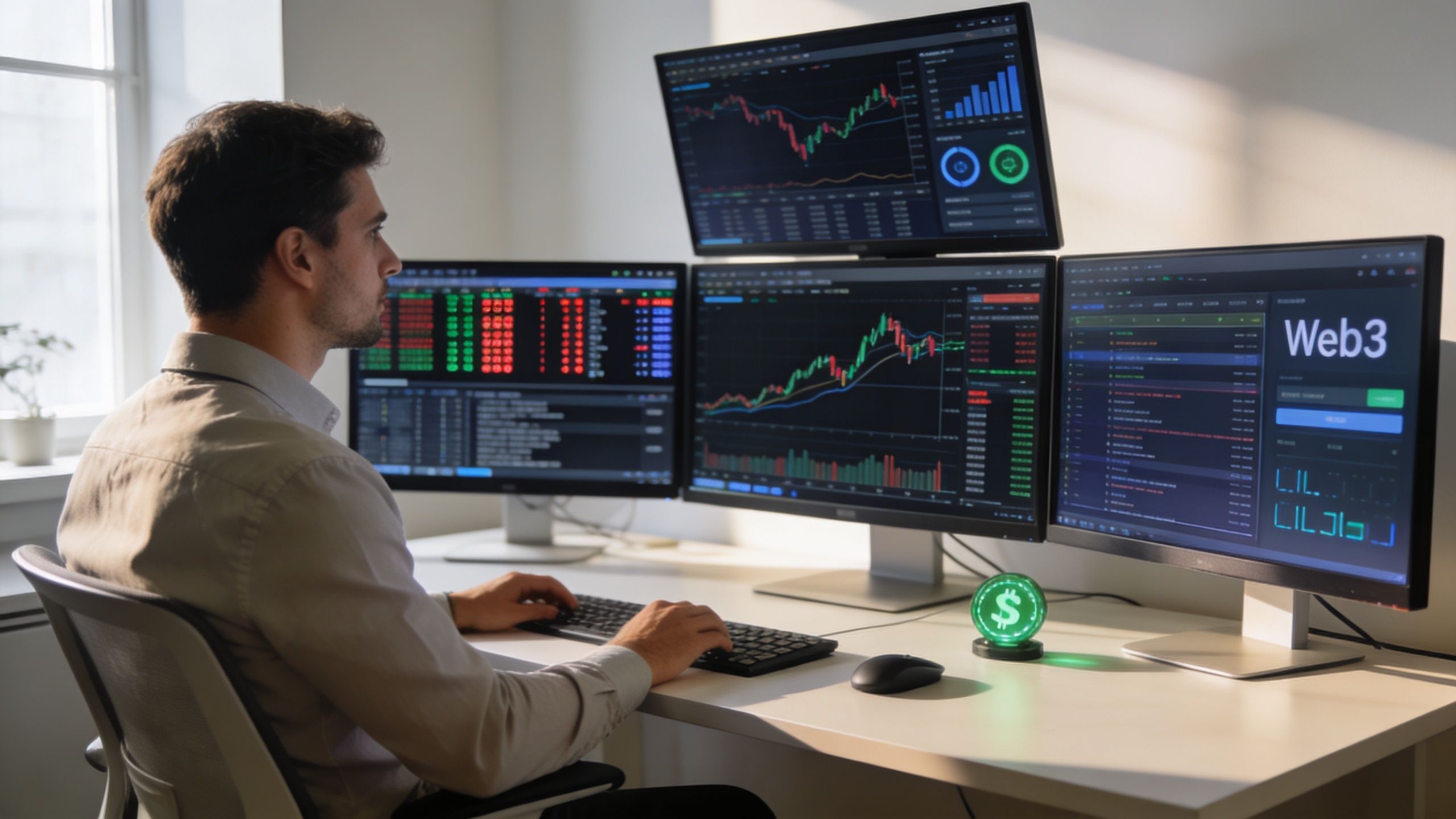 A professional trader sitting at a desk with multiple monitors displaying stock market graphs and data.