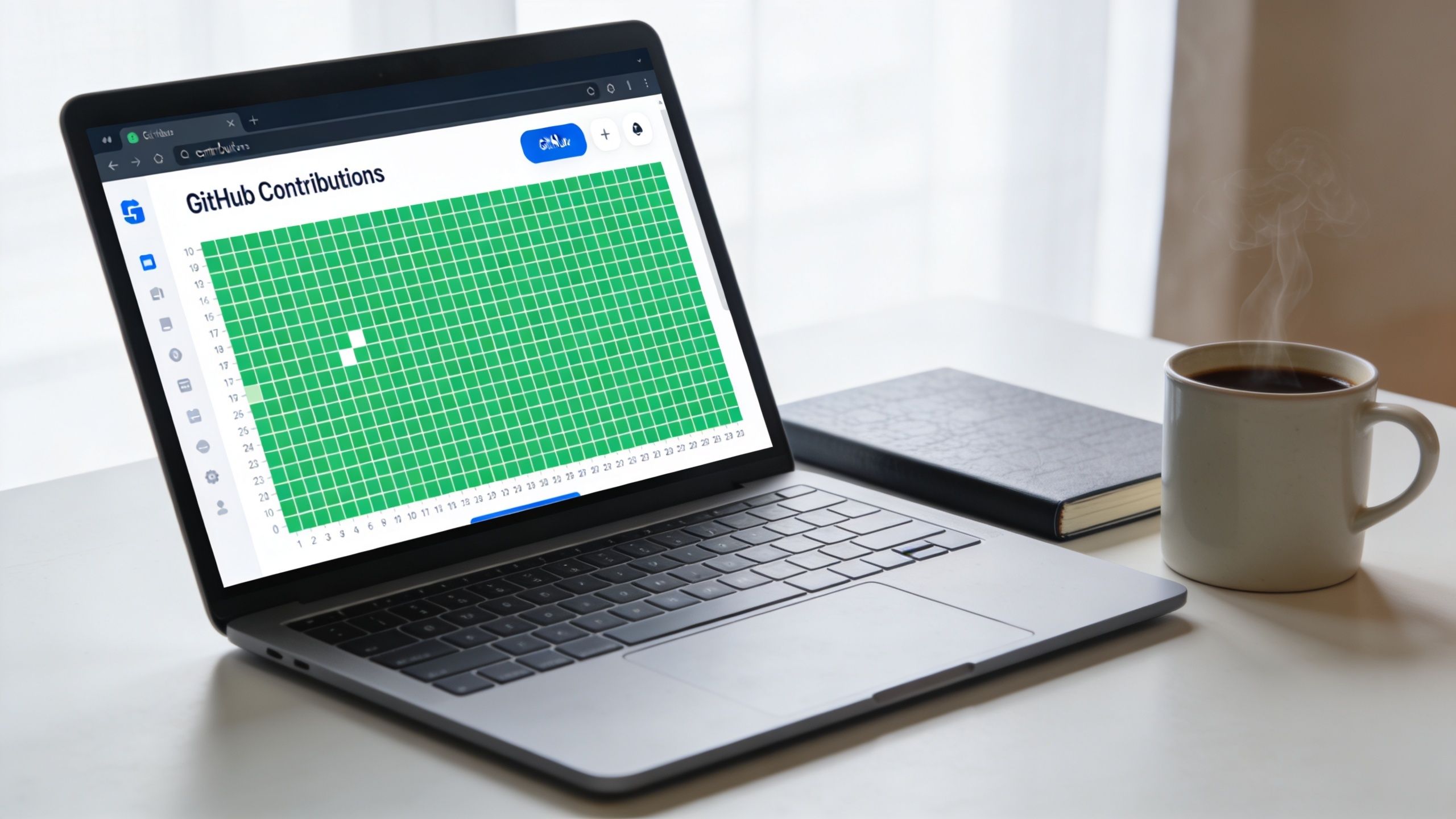 A laptop on a desk showing a green GitHub contribution grid next to a coffee cup.
