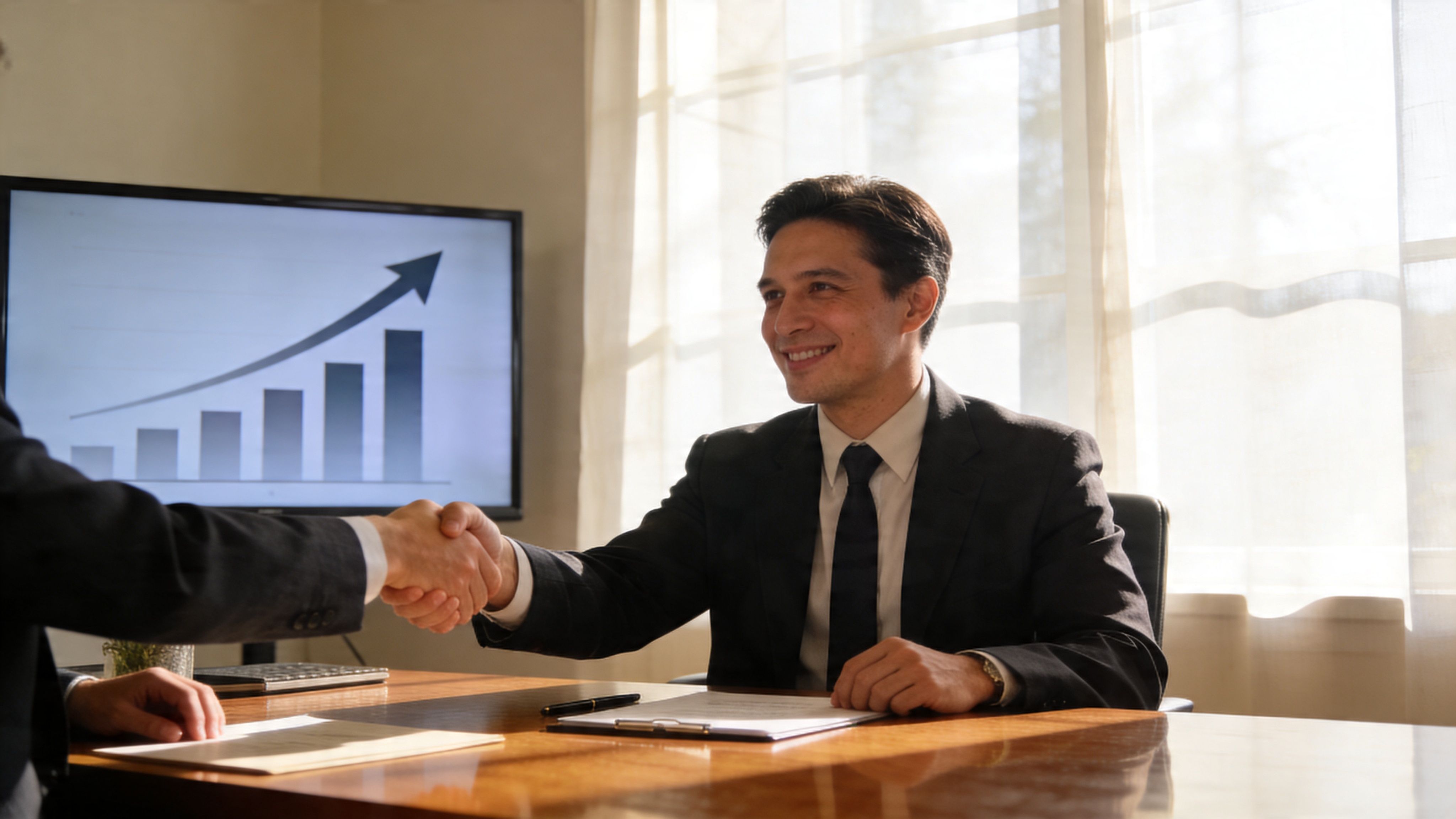 A professional man in a suit smiling and shaking hands across a desk in an office.