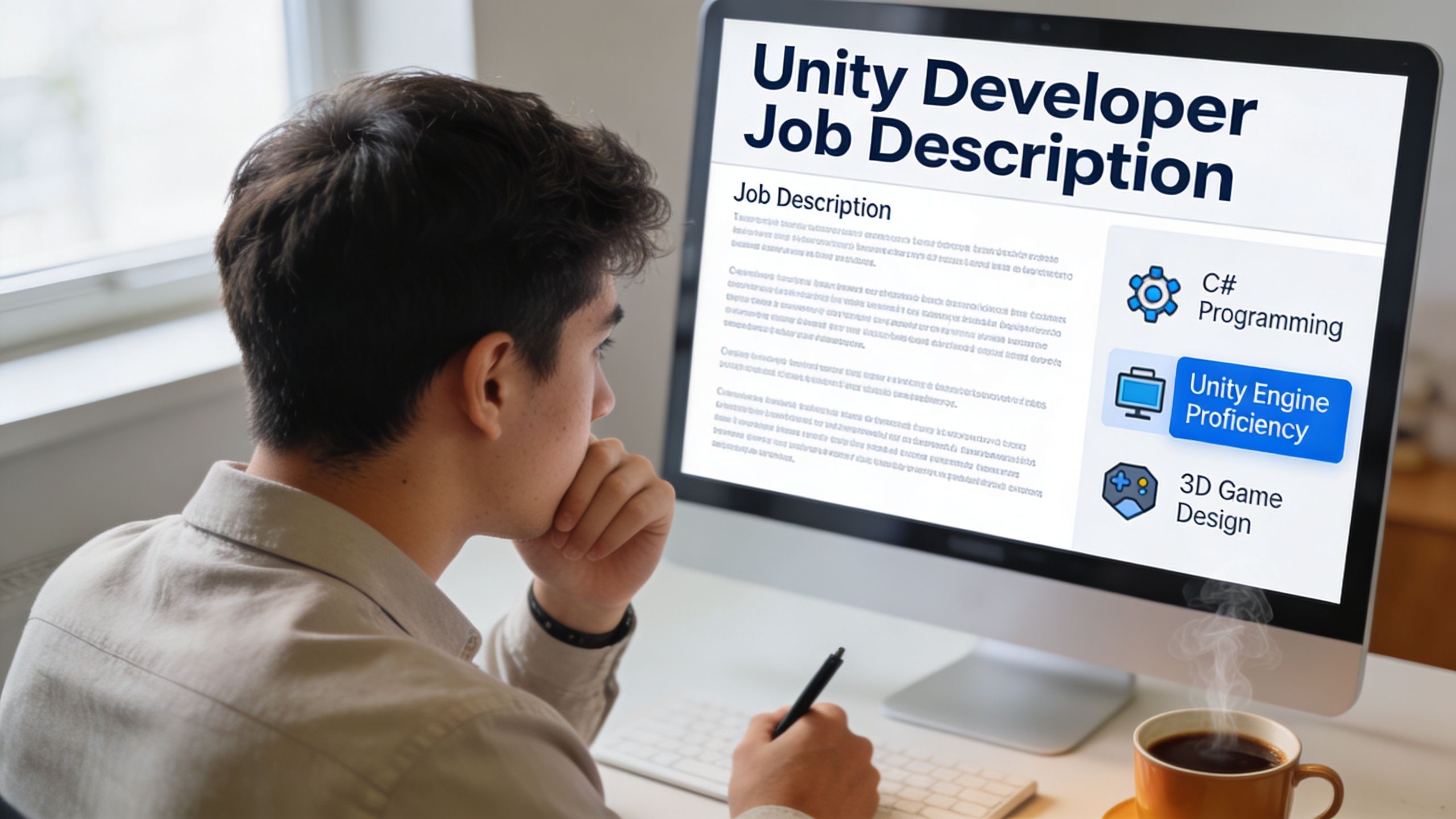 A young man looking at a Unity developer job description displayed on a computer screen.