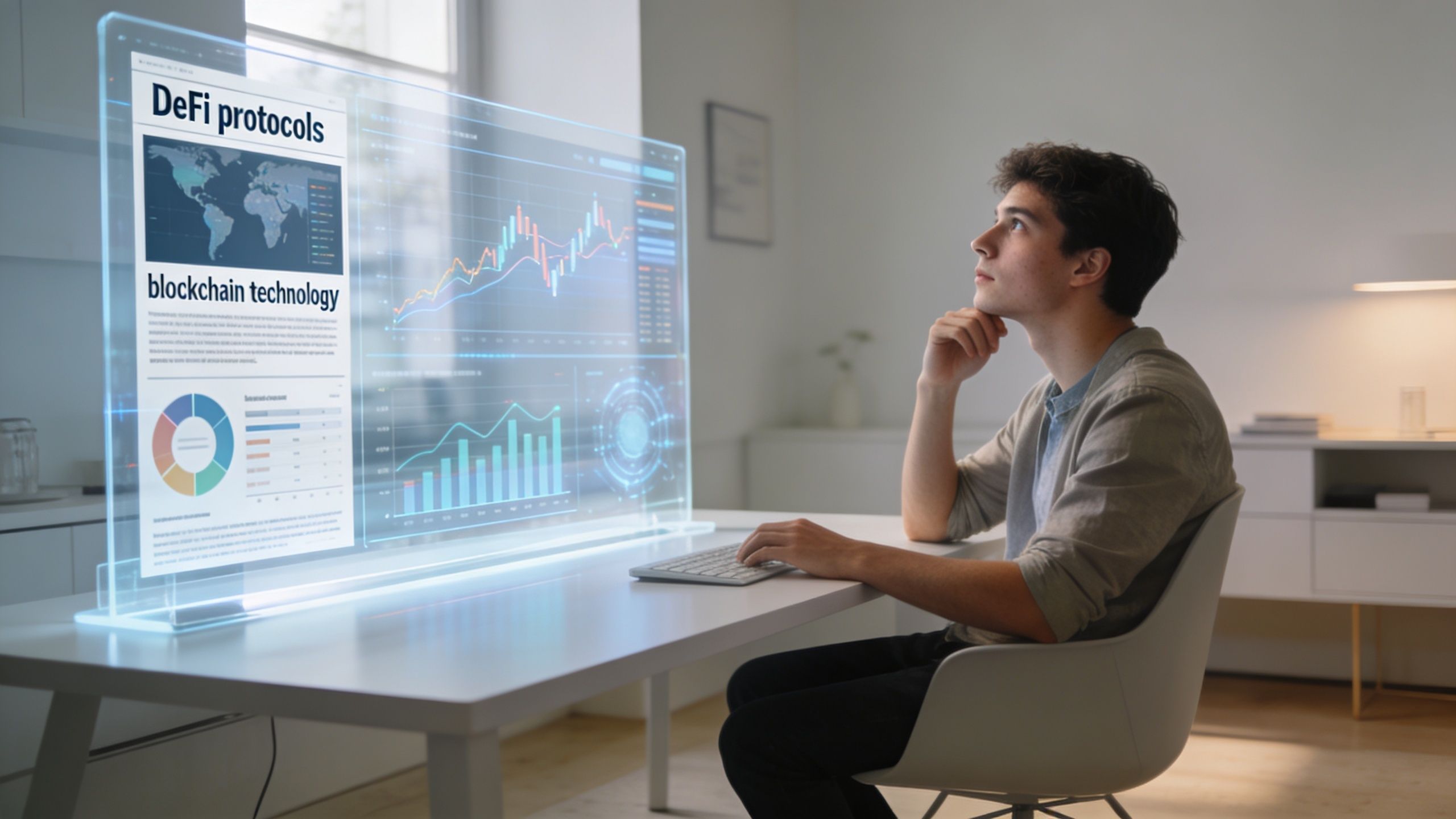 A young man sitting at a desk interacting with a transparent holographic display showing financial charts.