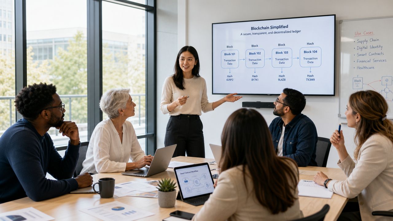 A professional woman presenting a blockchain explanation to a diverse team in a bright modern office meeting room.