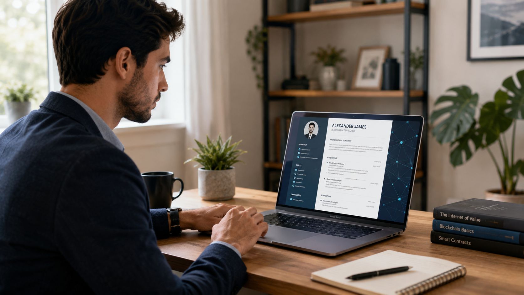 A professional man sitting at a wooden desk viewing a blockchain developer resume on his laptop screen.