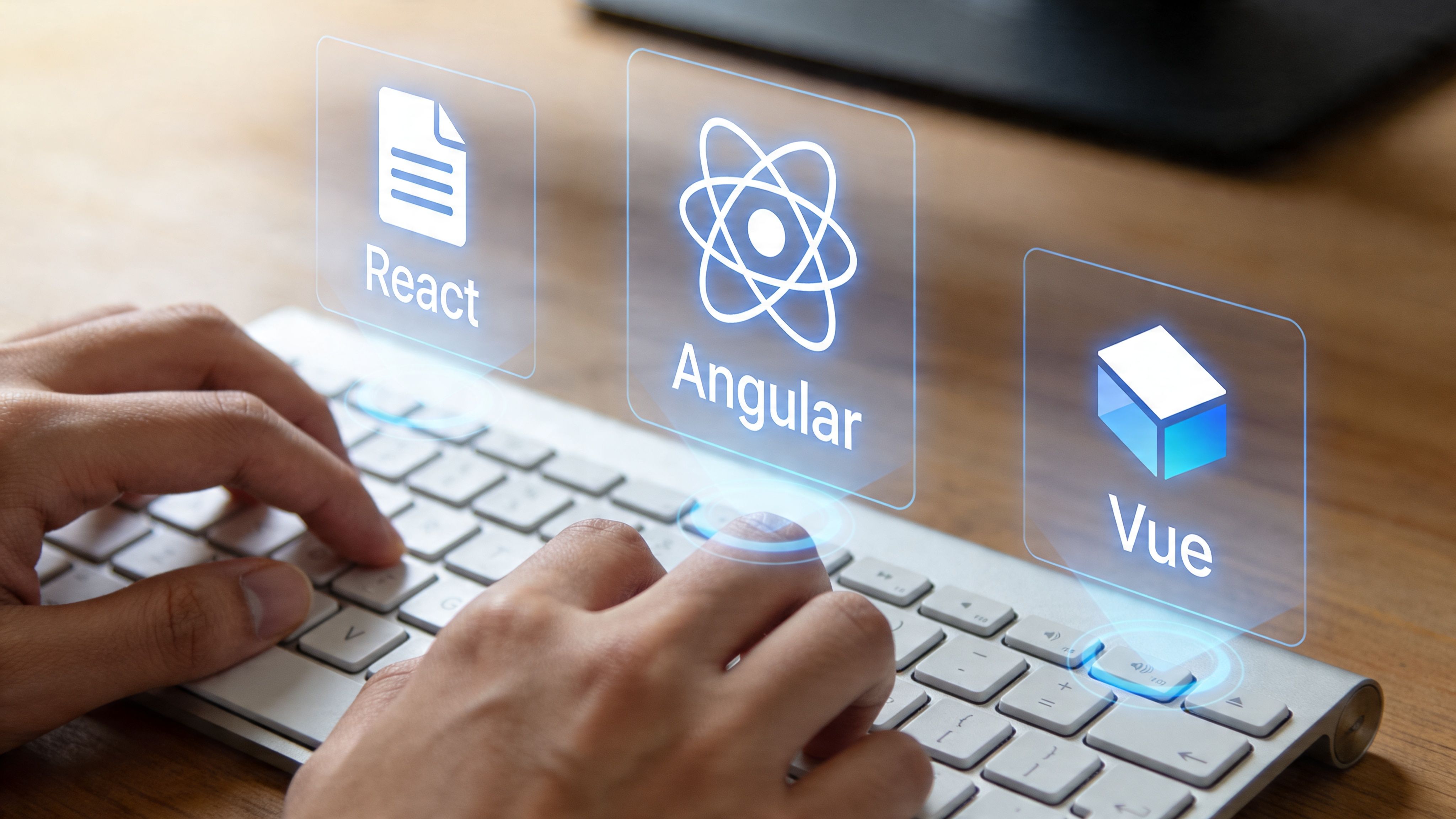 A developer typing on a computer keyboard with holographic icons representing React, Angular, and Vue frameworks.