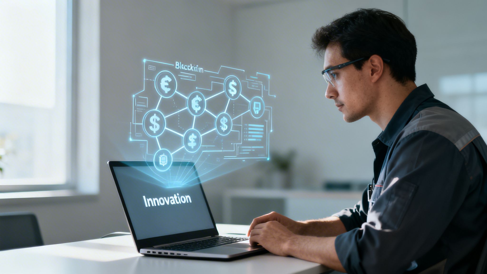 Man in glasses working on a laptop displaying a holographic blockchain innovation network with currency.