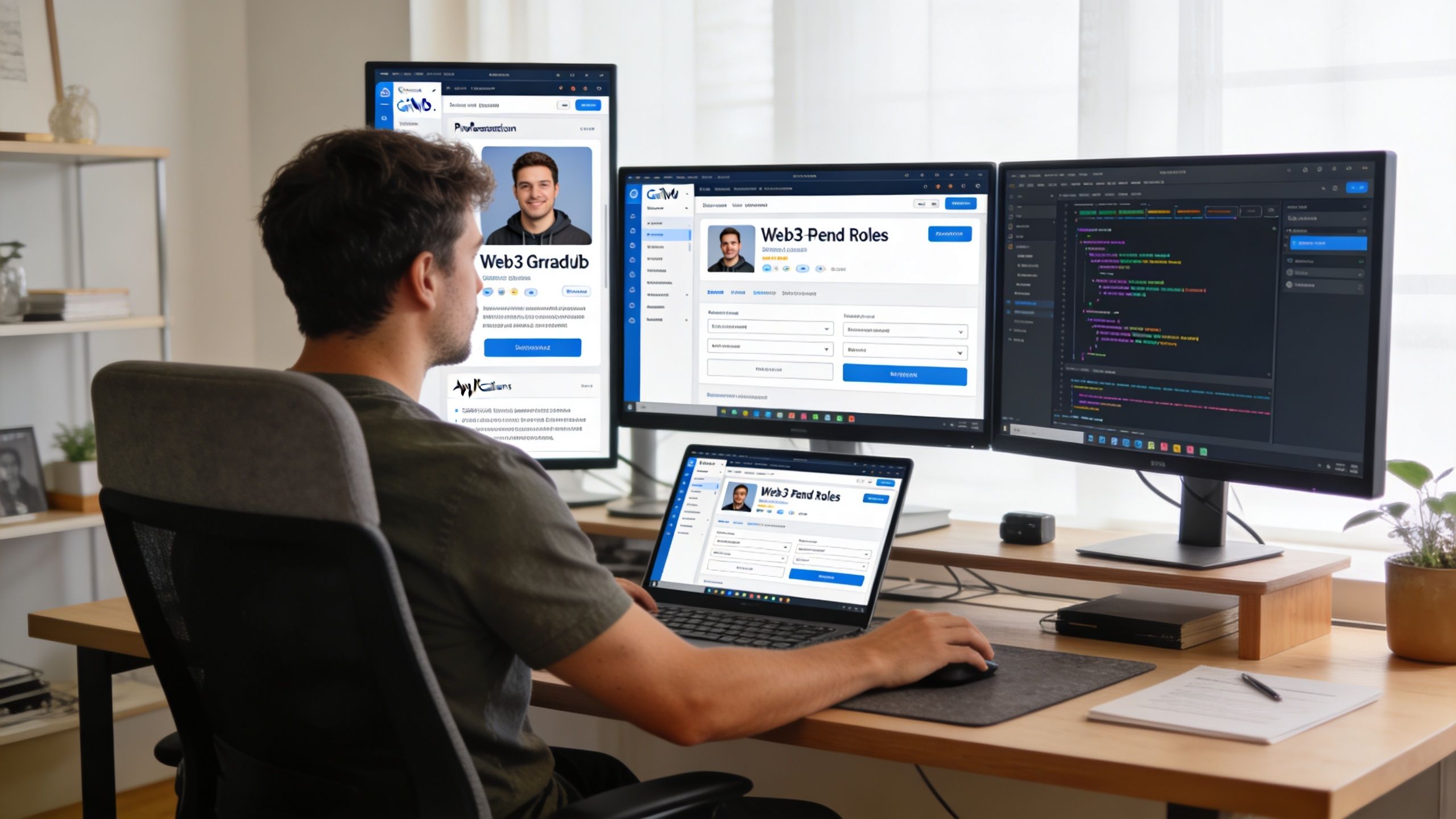A professional remote front end developer working from a home office with multiple monitors and laptop.