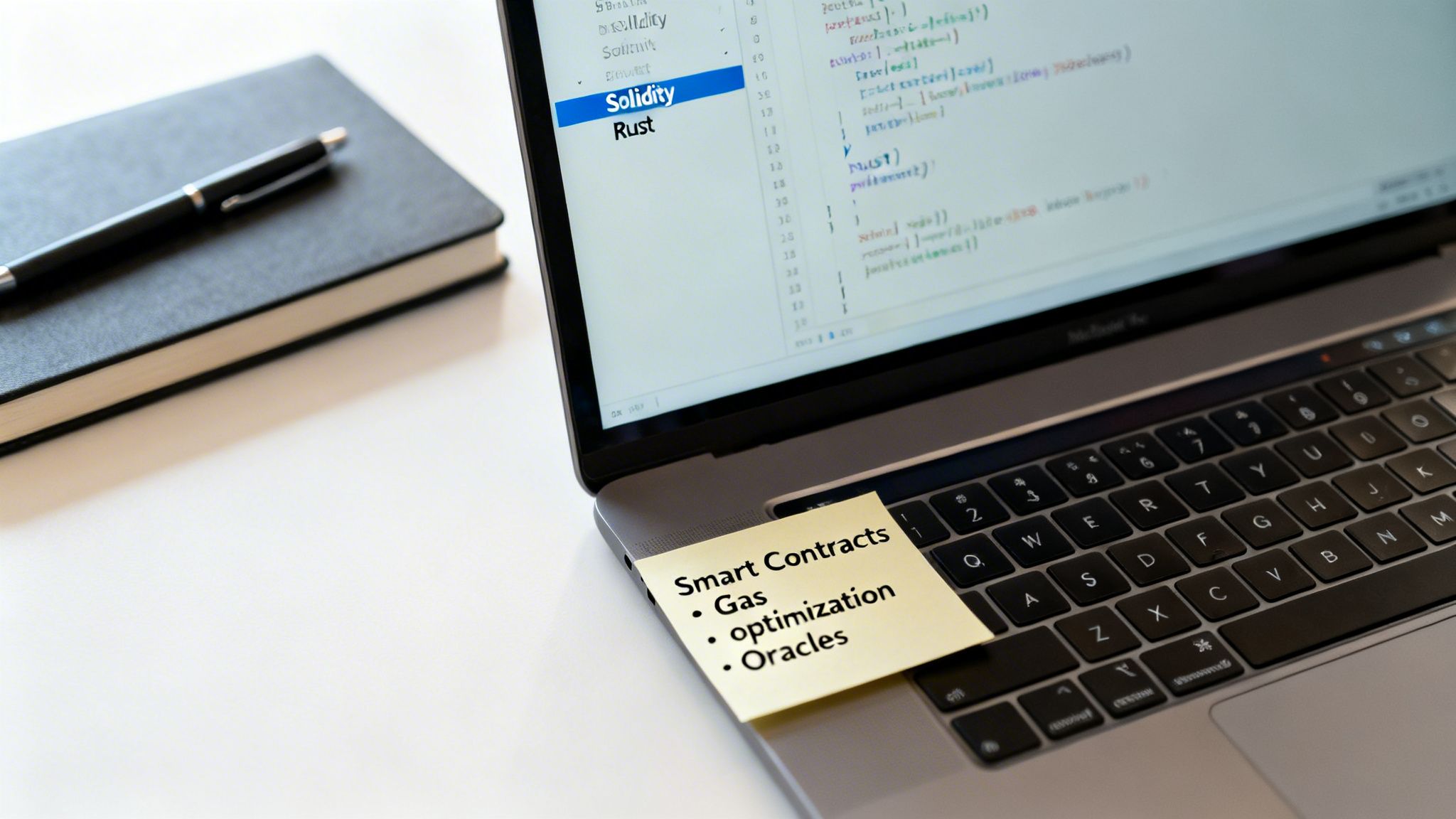A developer's desk with a laptop displaying blockchain code, a sticky note on smart contracts, and a notebook.