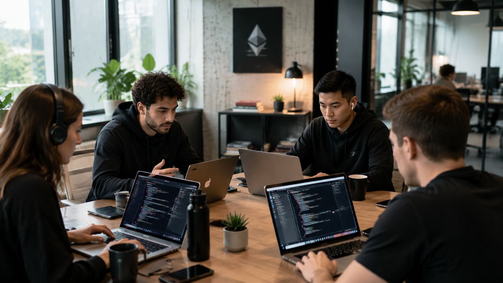 A diverse group of developers working together on coding projects using laptops in a modern office space.