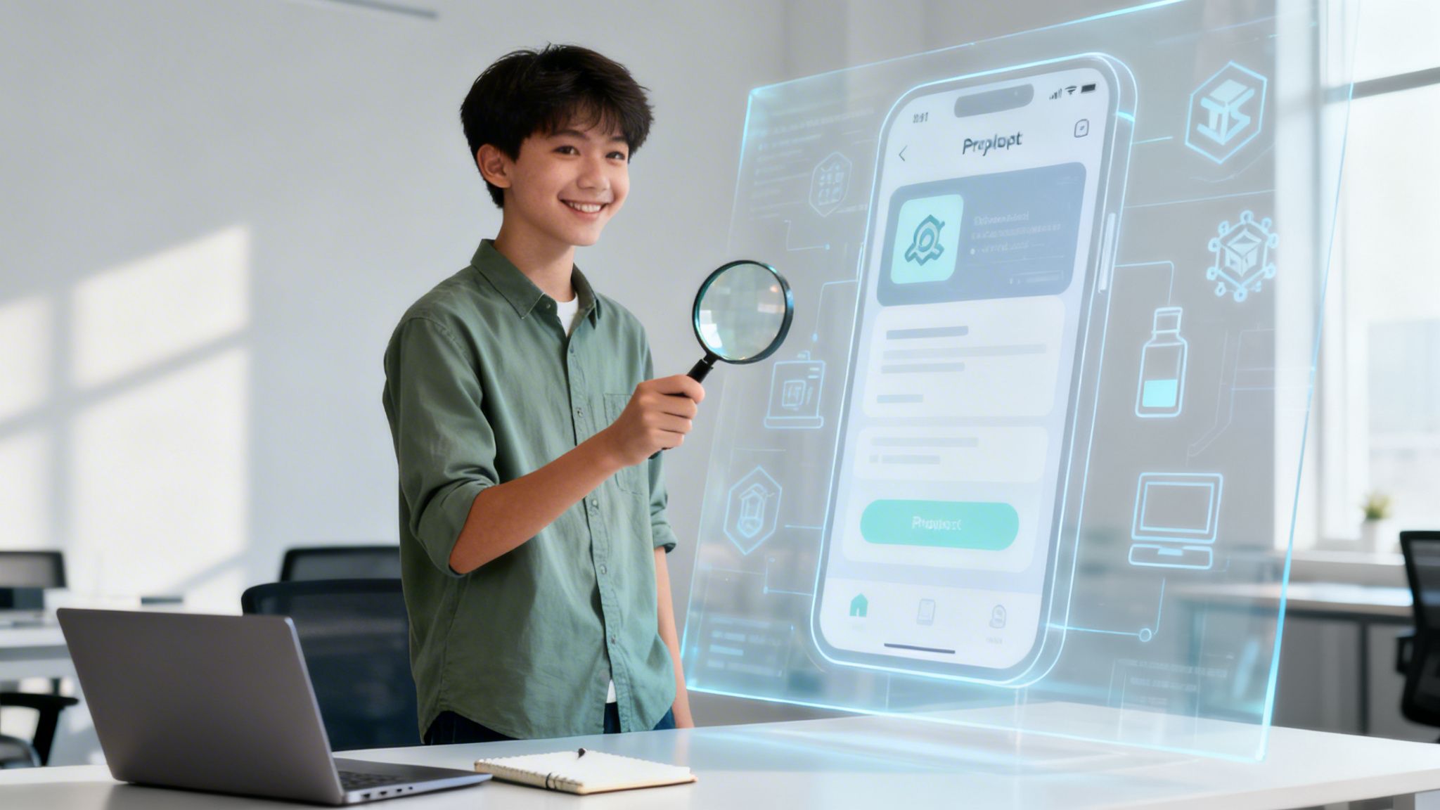Smiling boy holding a magnifying glass, interacting with a holographic app display in an office.