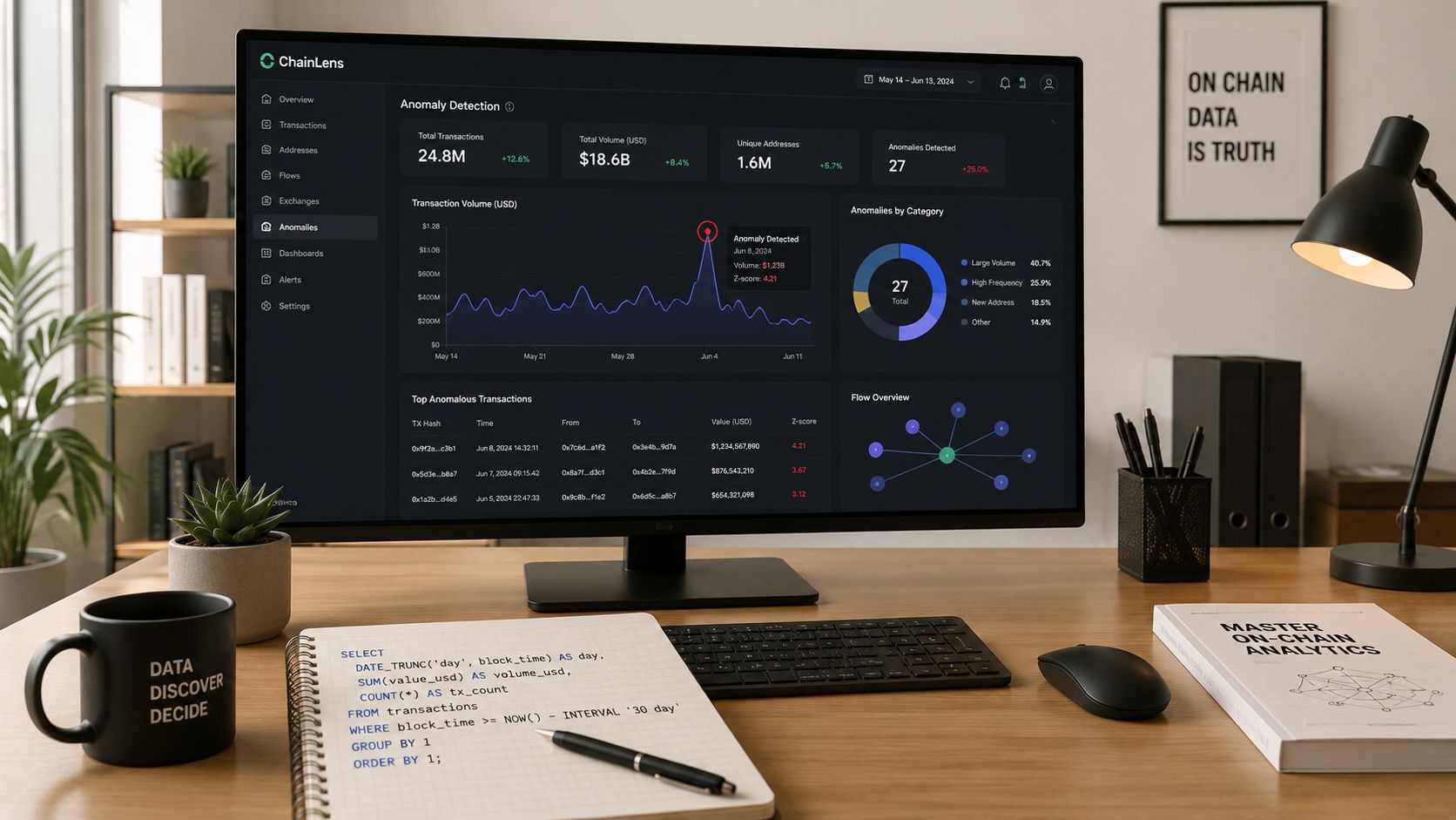 A desktop workspace featuring a computer screen displaying cryptocurrency blockchain analytics and a notebook with SQL code.