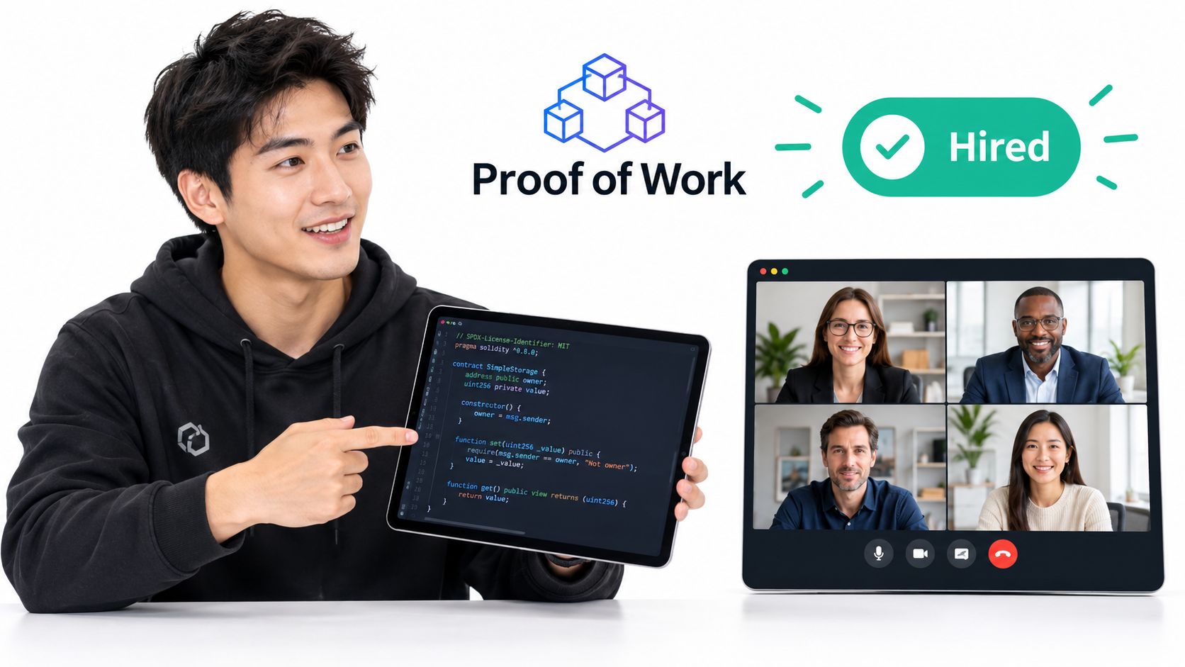 A young developer pointing to tablet code while interviewing with a professional panel on video call.