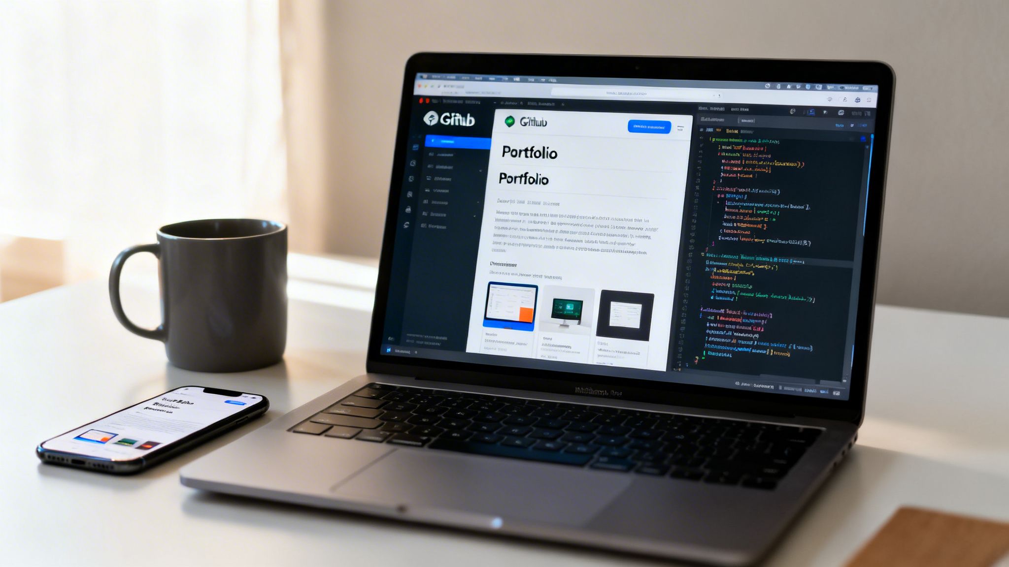 A developer's desk featuring a laptop displaying GitHub code, a smartphone, and a coffee mug.
