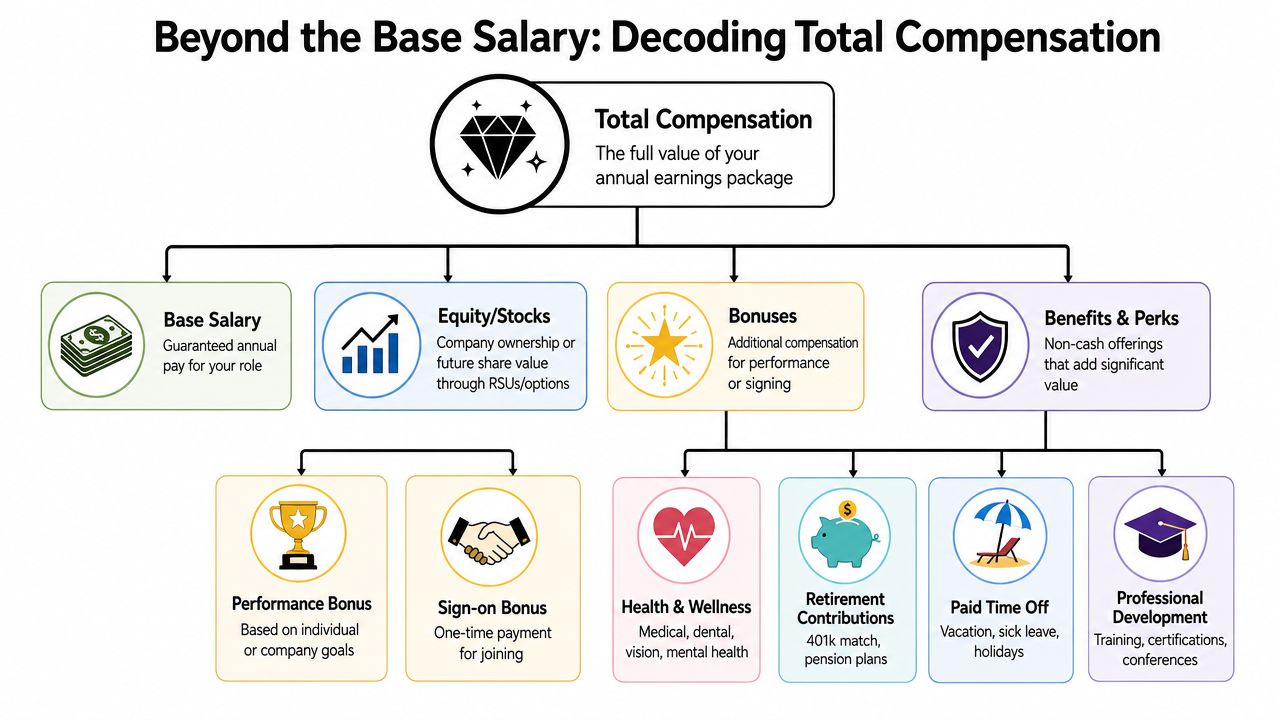 A diagram illustrating the components of total compensation including salary, equity, bonuses, and employee benefits.