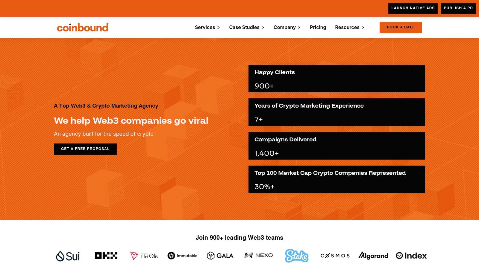 A screenshot of the Coinbound website homepage, highlighting their focus on crypto marketing services.