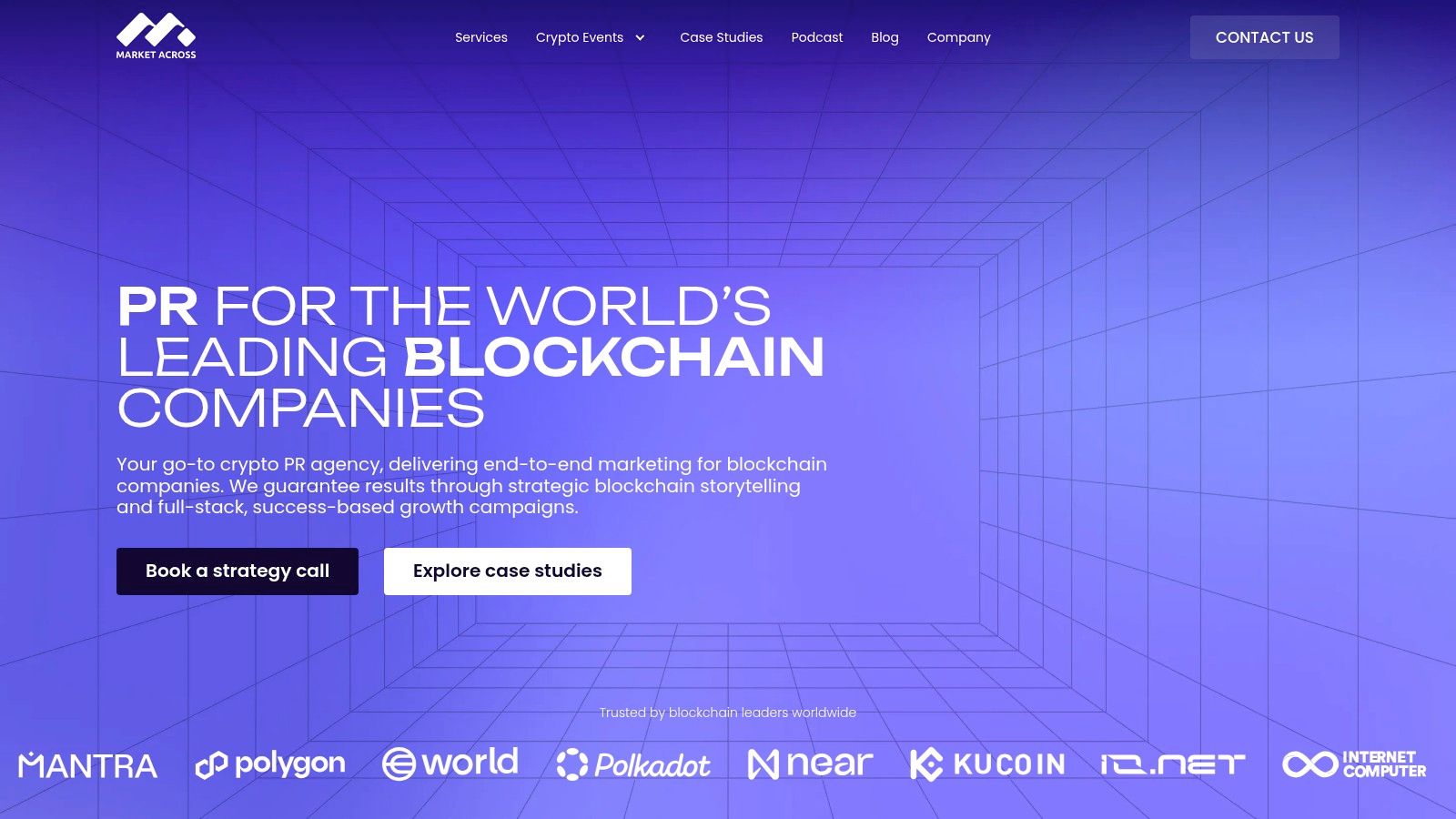 A screenshot of the MarketAcross website homepage, showing their tagline "The Leading Crypto & Blockchain Marketing Agency" and logos of clients and media partners.