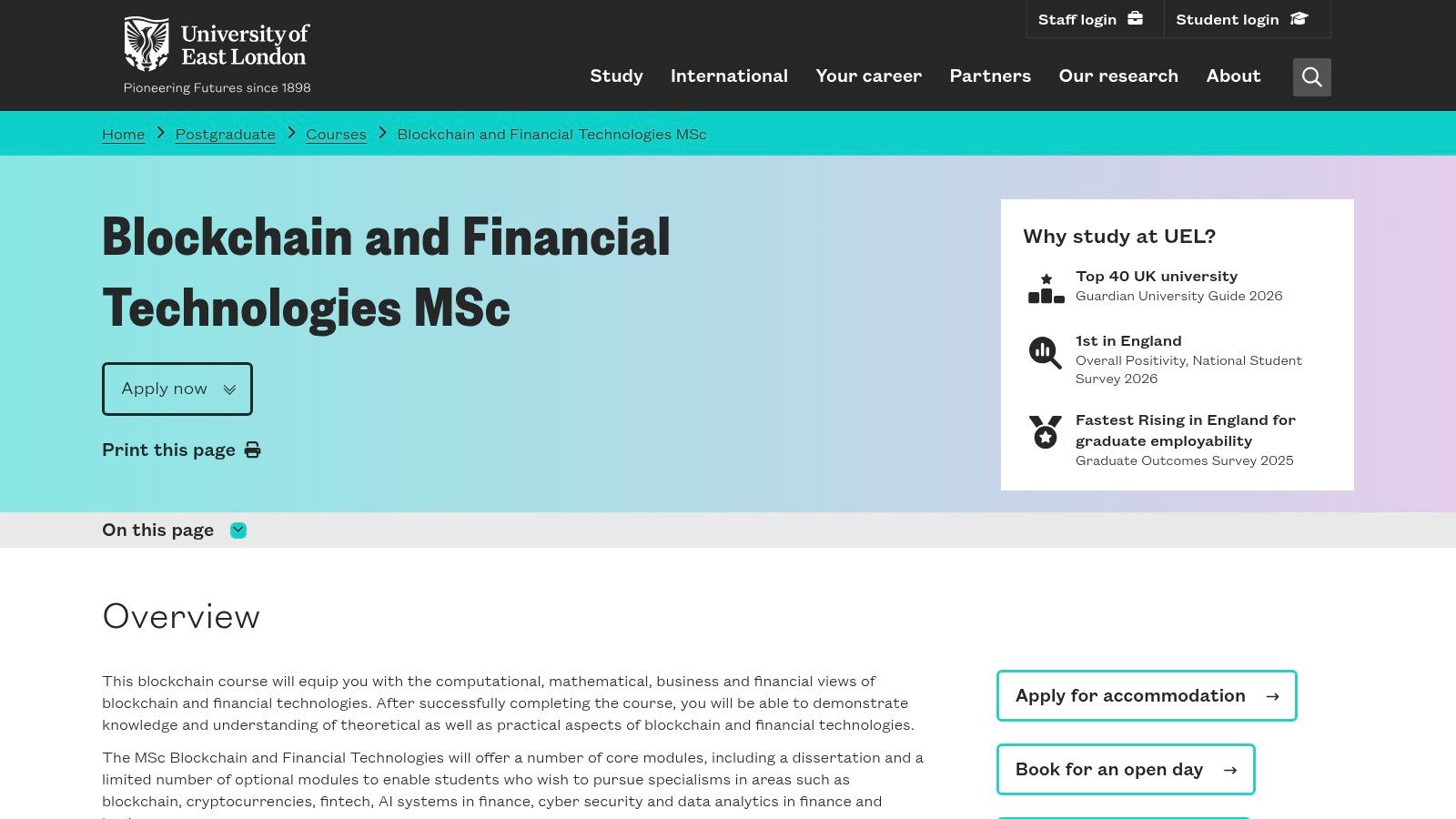 University of East London (UEL), MSc in Blockchain and Financial Technologies