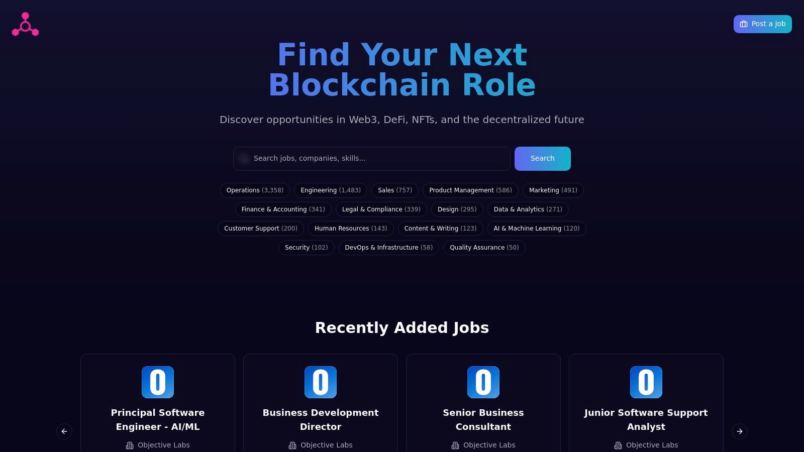 A screenshot of the Blockchain Jobs website showing a search for remote finance internships, with filters for job category and location.