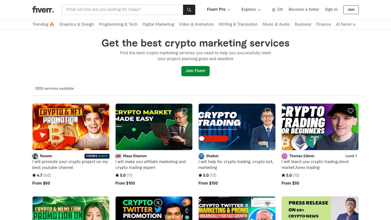 A screenshot of the Fiverr website showcasing various crypto marketing gigs with seller ratings and prices.