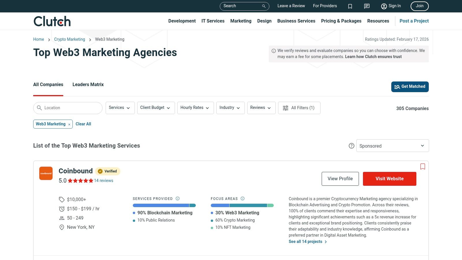 A screenshot of the Clutch website showing a list of top Web3 marketing agencies with ratings and client reviews.