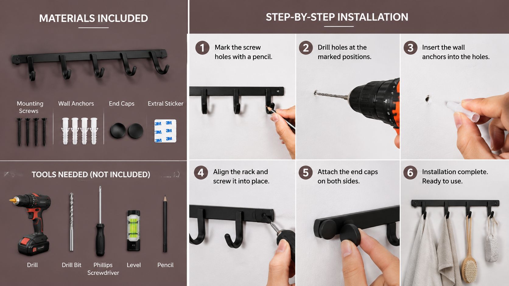 A visual instruction guide demonstrating how to install a black wall-mounted coat and utility rack.