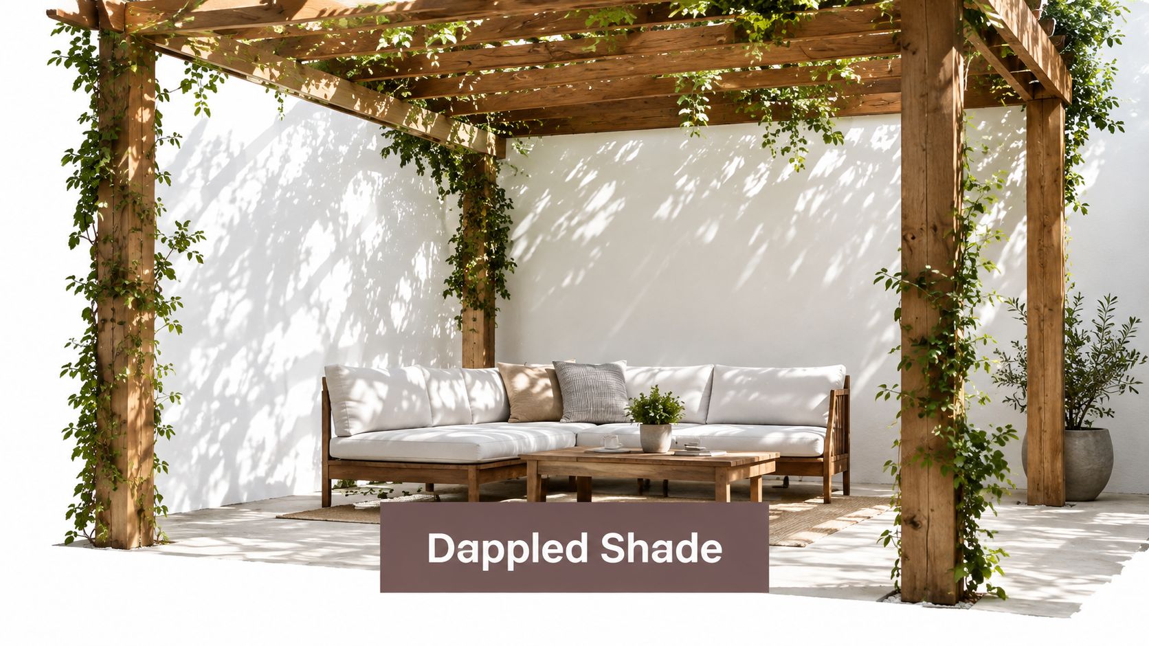 A luxurious outdoor patio featuring a wooden pergola, comfortable sectional sofa, and lush green climbing plants.
