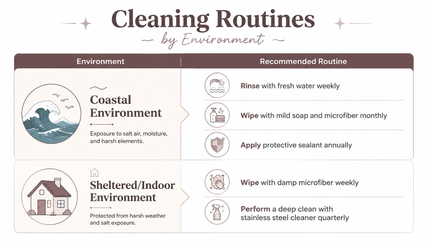A chart illustrating recommended maintenance routines for stainless steel surfaces in coastal versus sheltered indoor environments.