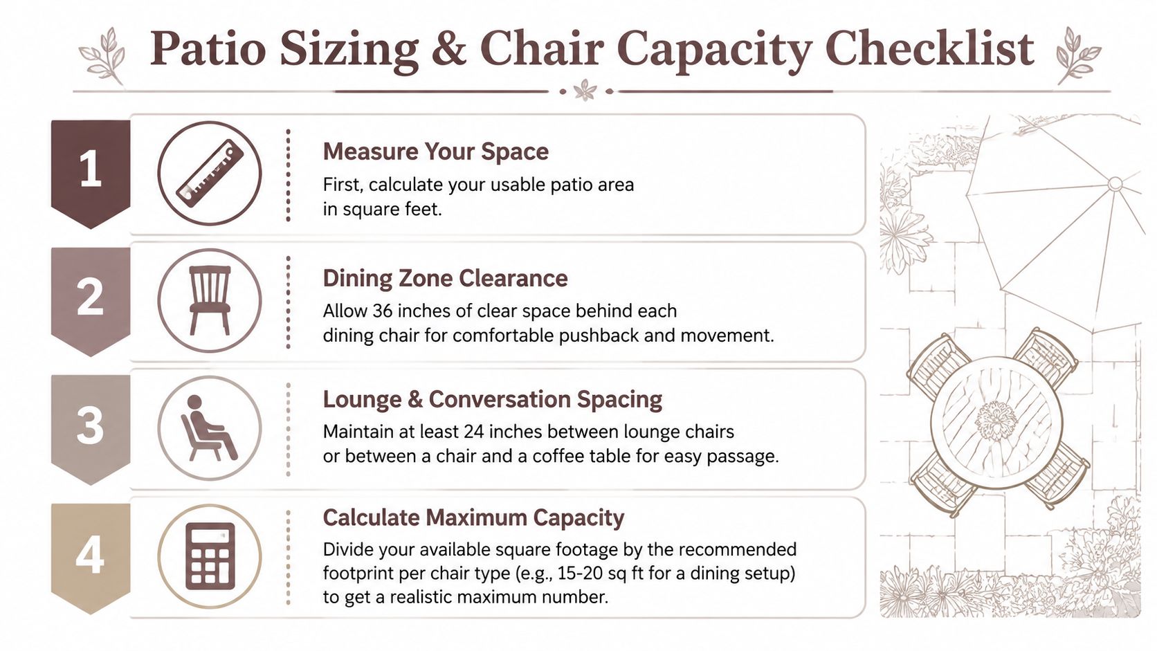A helpful infographic guide titled Patio Sizing and Chair Capacity Checklist with four steps for spacing.