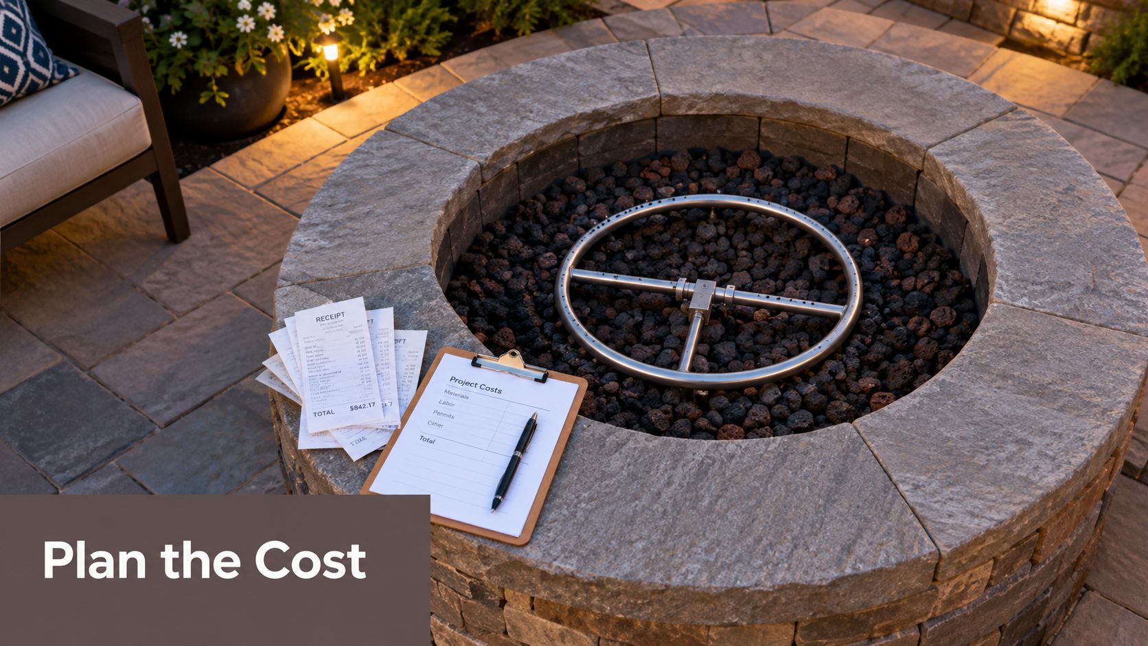 A clipboard and receipts placed on a stone natural gas fire pit during installation planning.