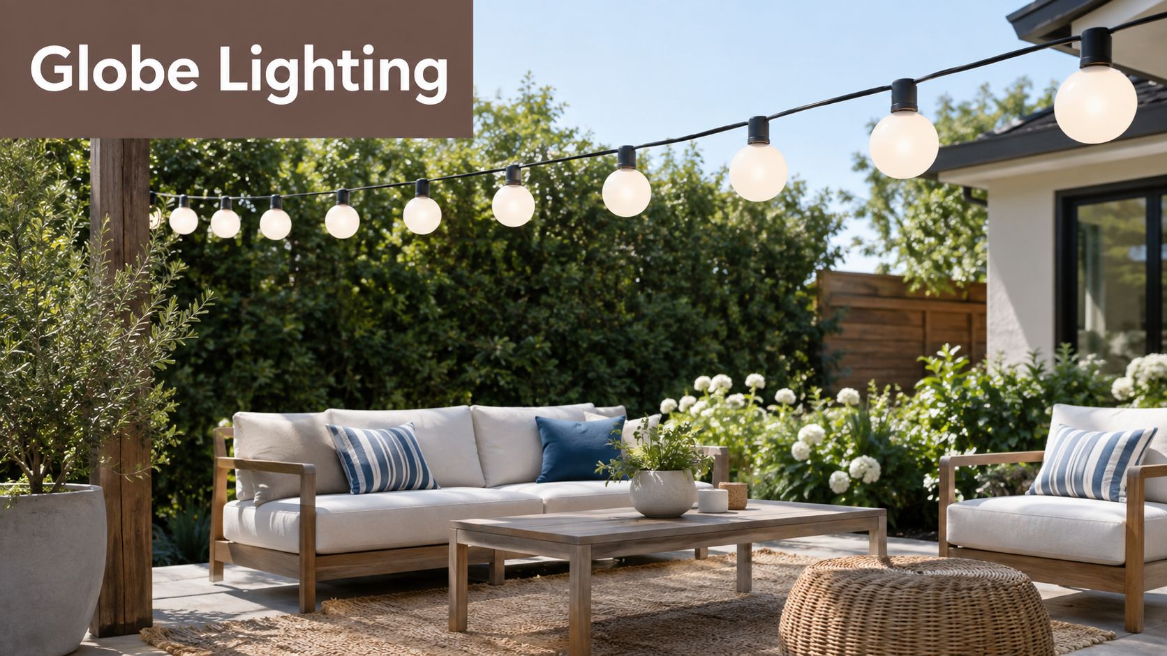 A cozy outdoor patio area featuring comfortable seating, a wooden coffee table, and glowing globe string lights.