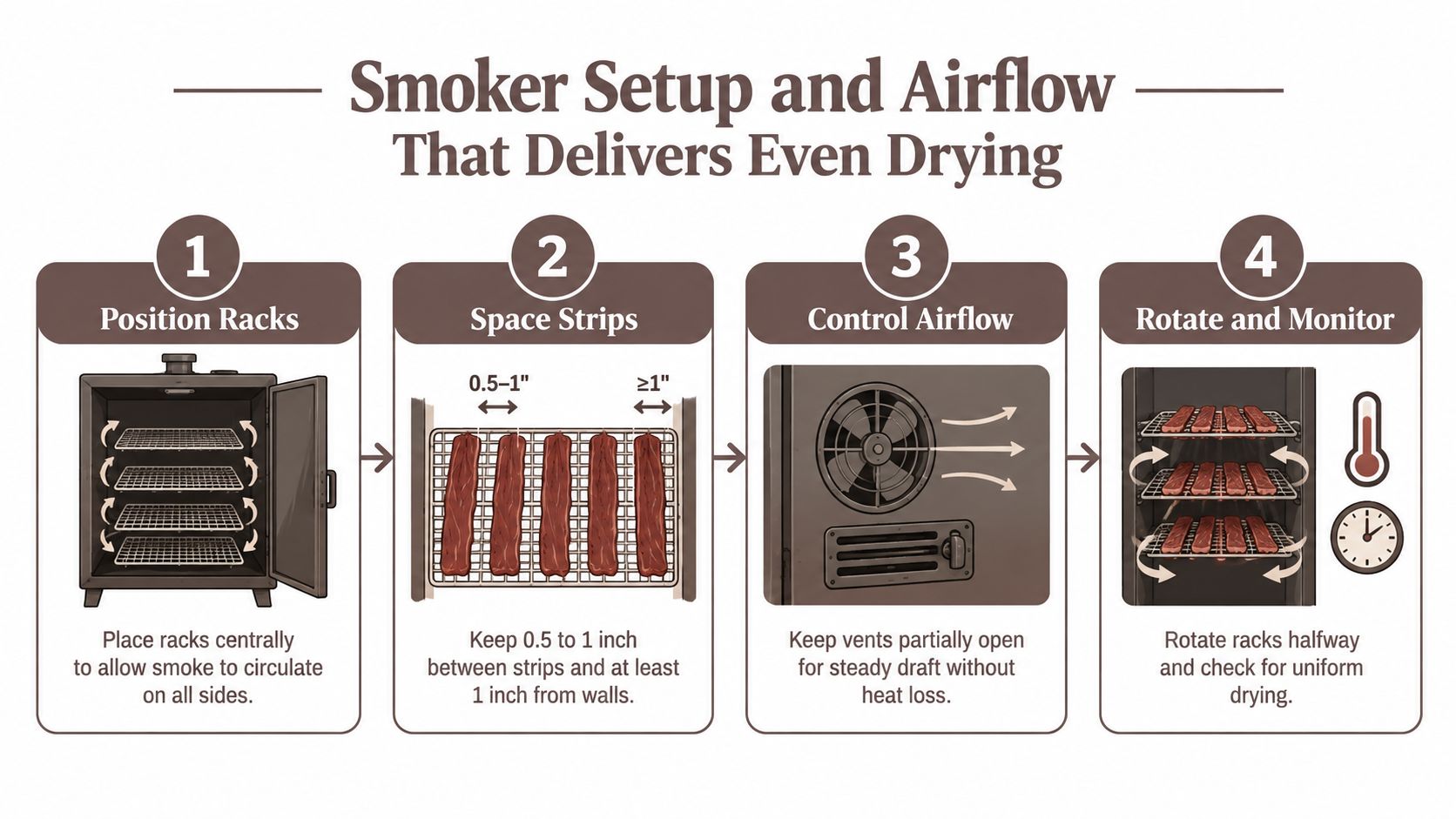 An infographic detailing four steps for smoker setup and airflow to achieve even jerky drying results.