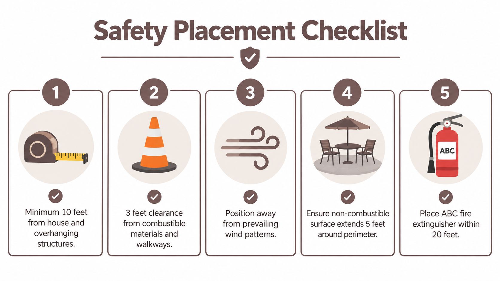 A safety placement checklist for fire pits featuring five numbered tips for fire safety and distance requirements.