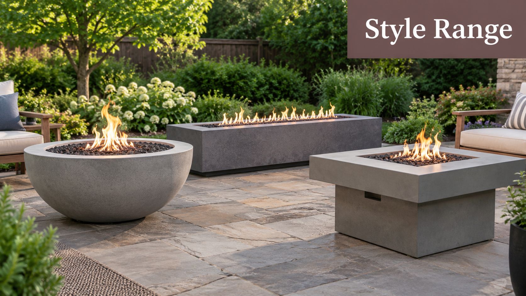 A modern outdoor patio scene featuring three different geometric concrete fire pits glowing with orange flames.