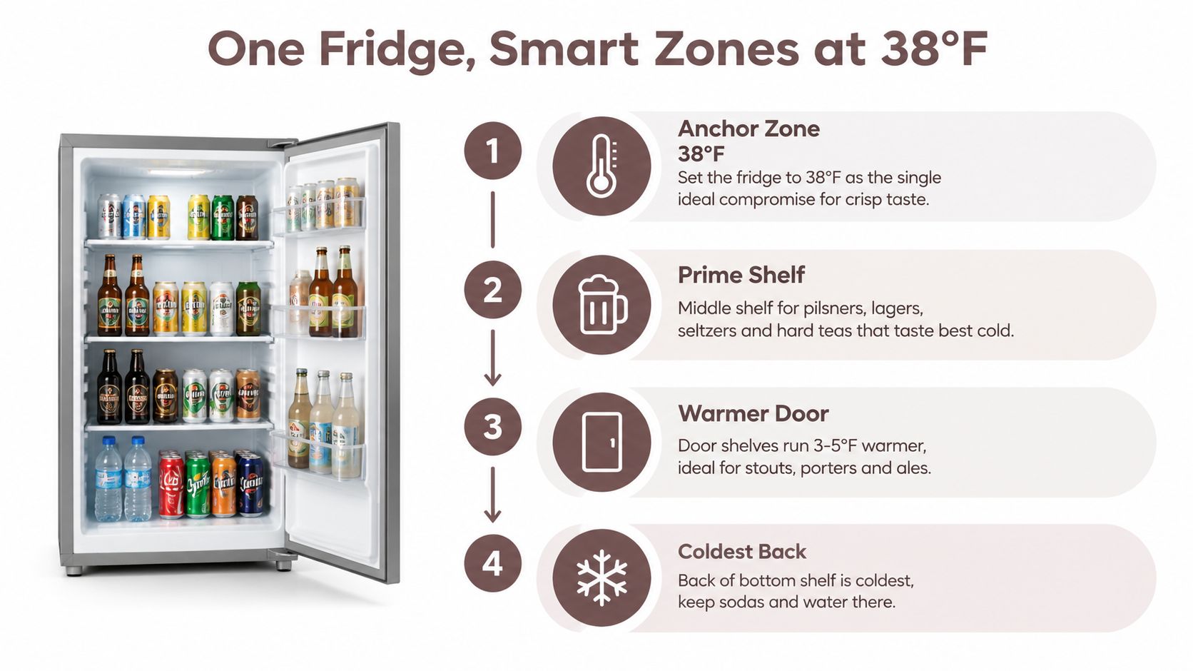 A refrigerator displaying optimal beverage storage zones and temperature recommendations for beer, soda, and water.