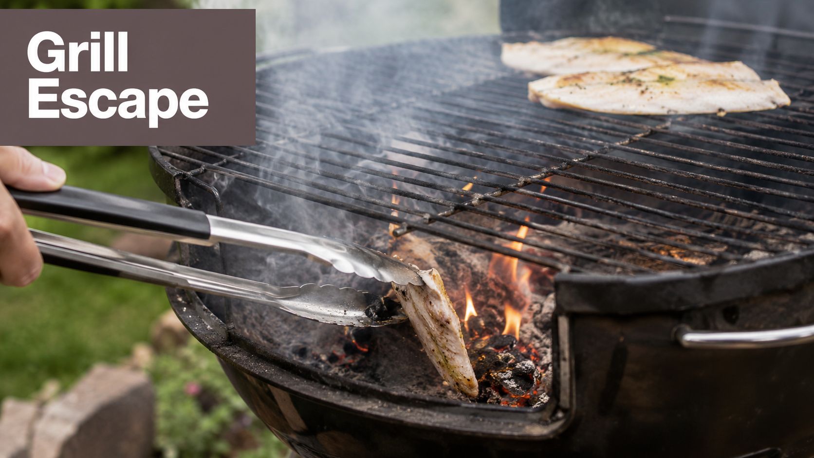 A hand using metal tongs to flip a piece of seasoned fish on a charcoal barbecue grill